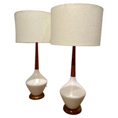 Pair of American Mid Century White Satin Cearmic & Walnut table Lamps