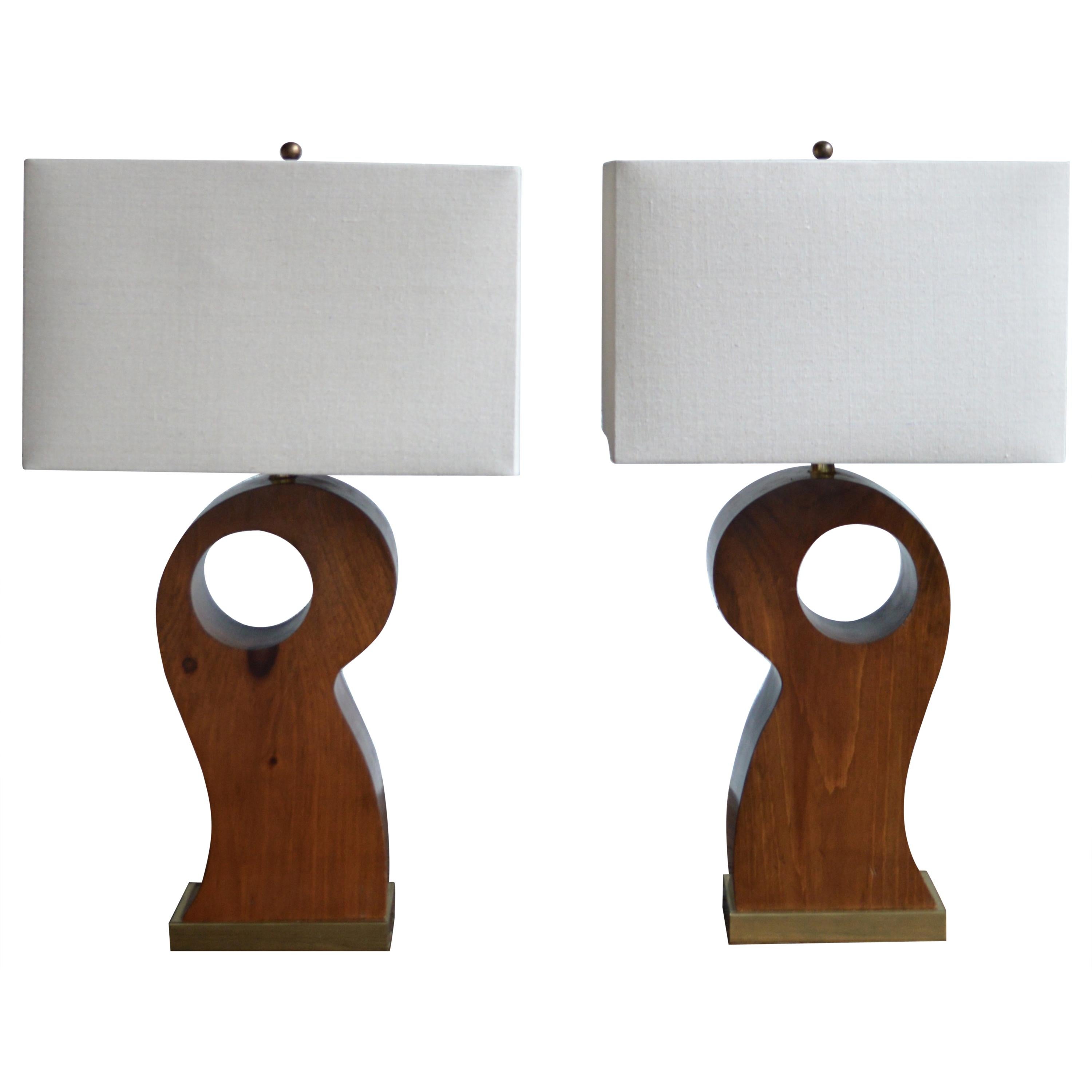 Pair of American Midcentury Wooden Lamps with Rectangular Linen Shades