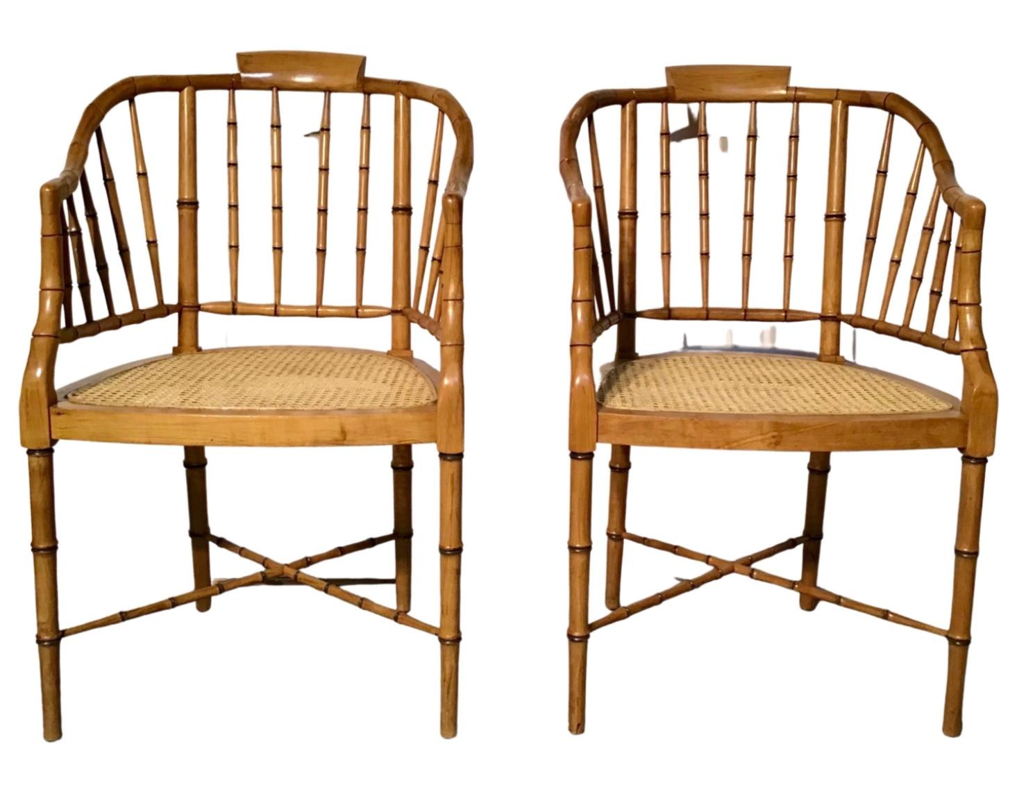 Pair of American Midcentury Baker Style Faux Bamboo Tub Chairs In Good Condition In Bradenton, FL