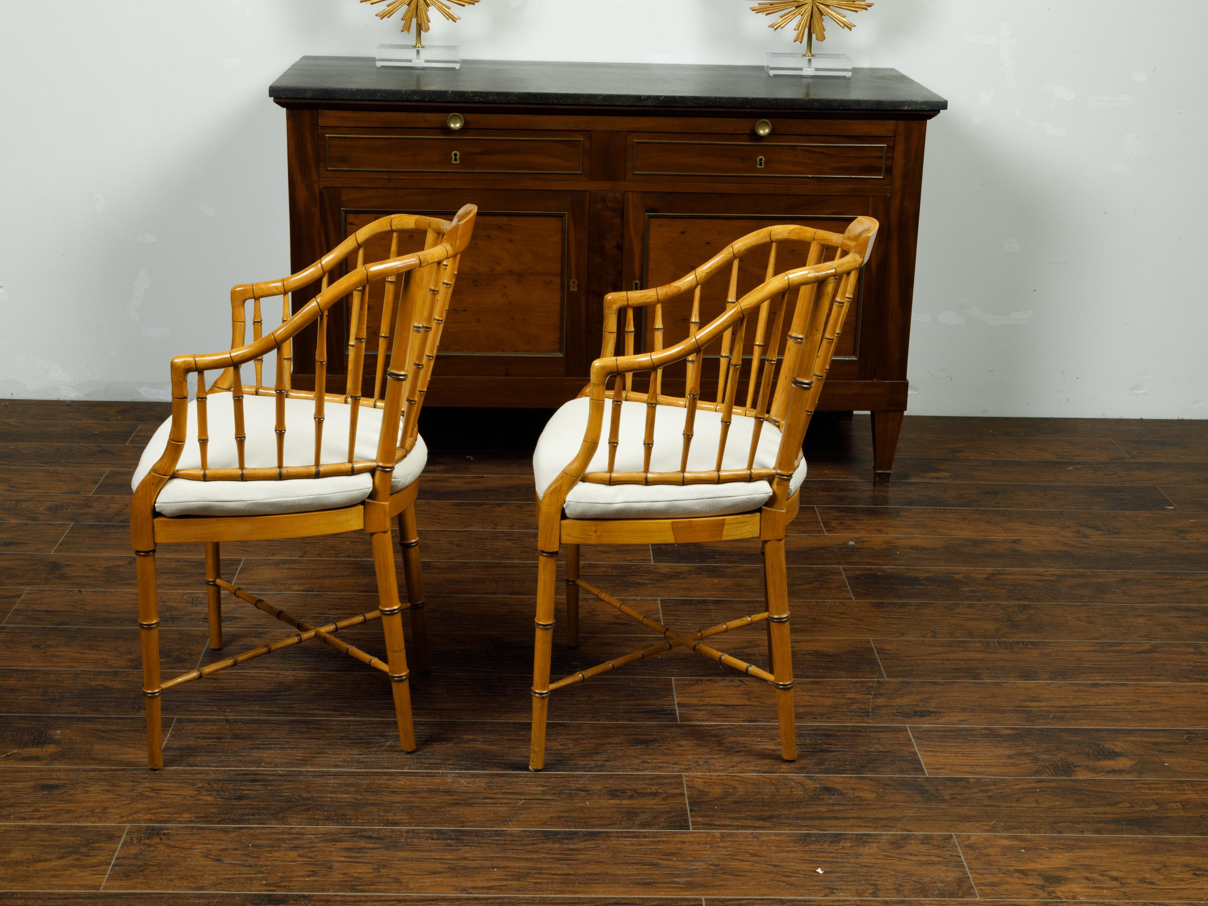 Mid-Century Modern Pair of American Midcentury Baker Style Faux Bamboo Tub Chairs with Cushions