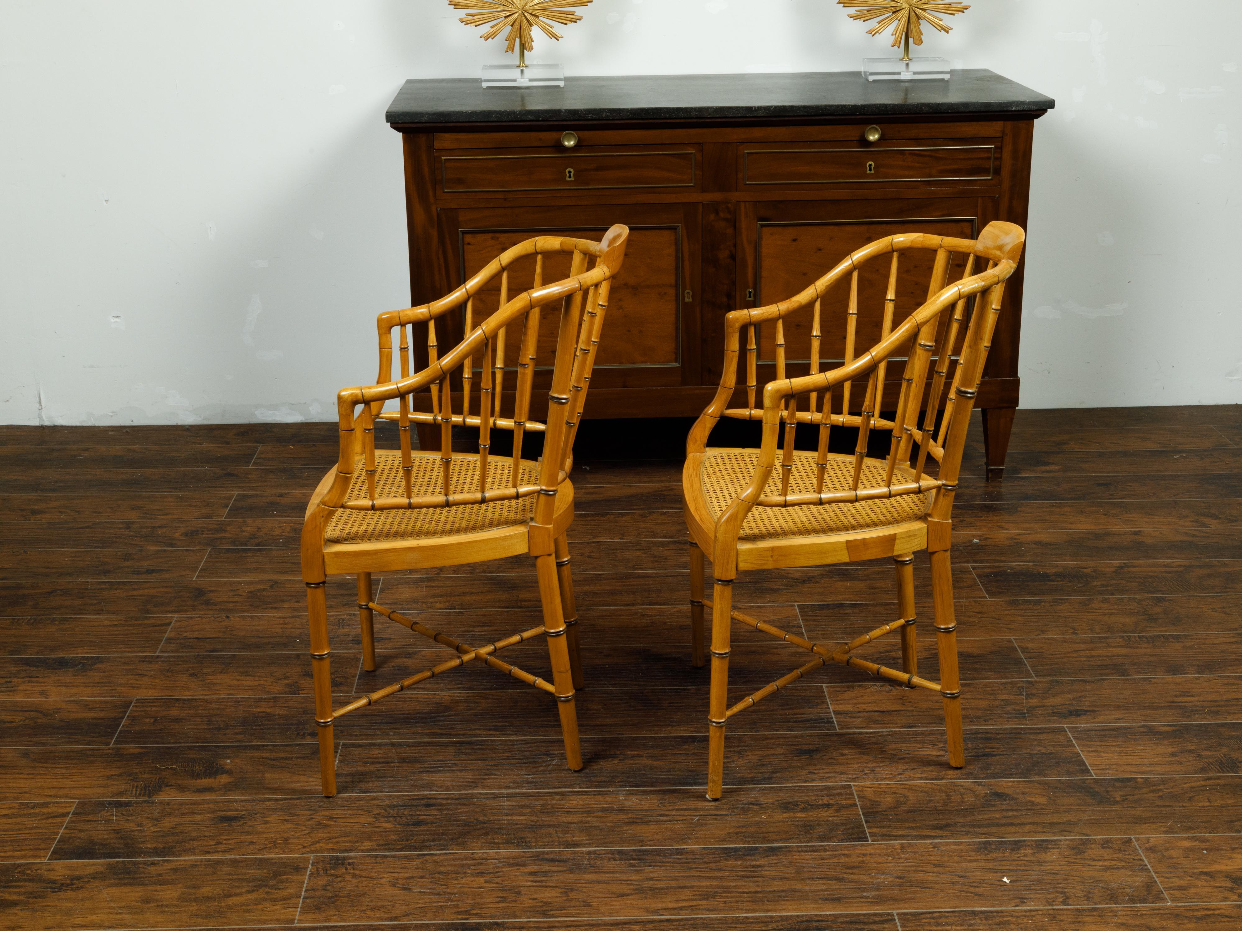 Pair of American Midcentury Baker Style Faux Bamboo Tub Chairs with Cushions In Good Condition In Atlanta, GA
