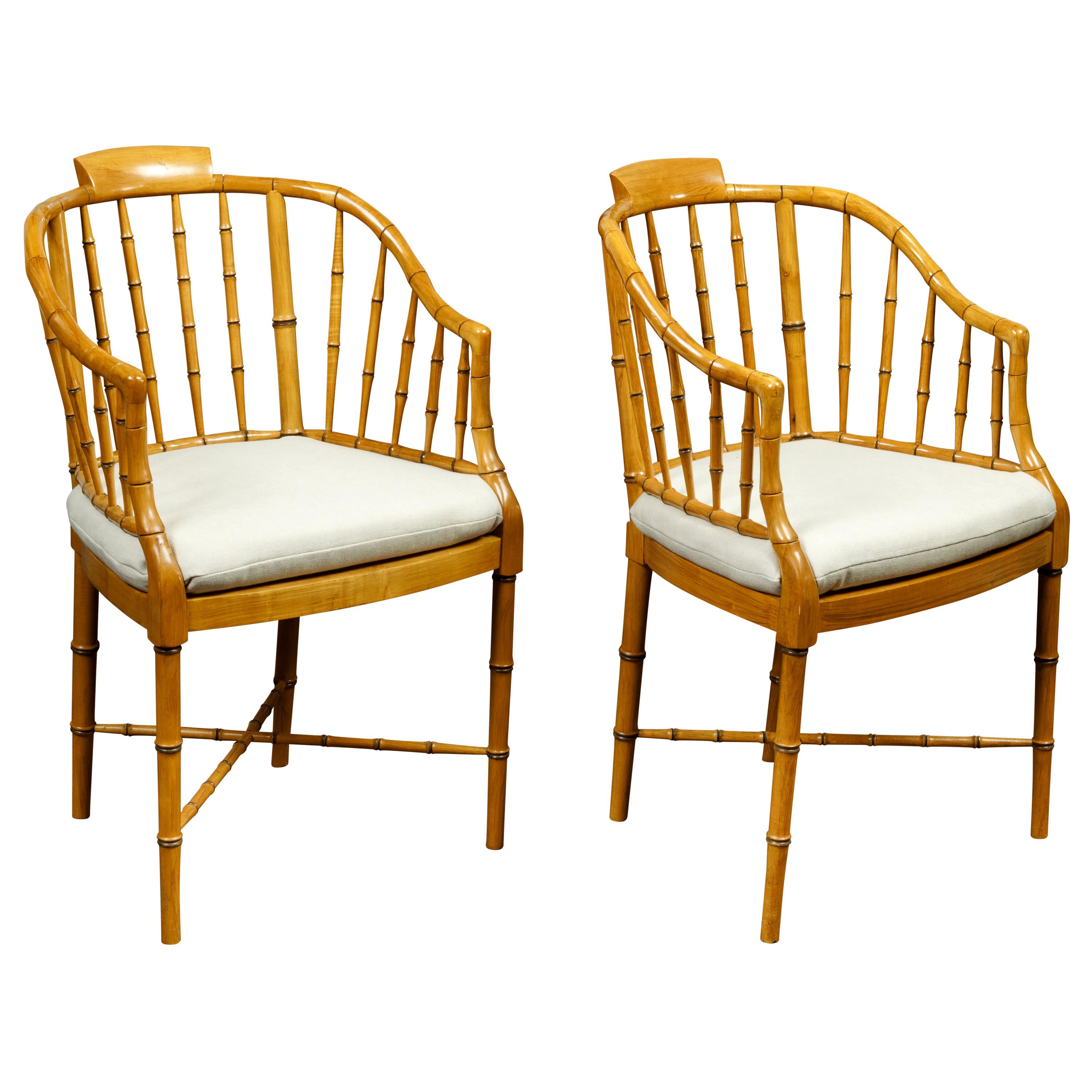 Pair of American Midcentury Baker Style Faux Bamboo Tub Chairs with Cushions