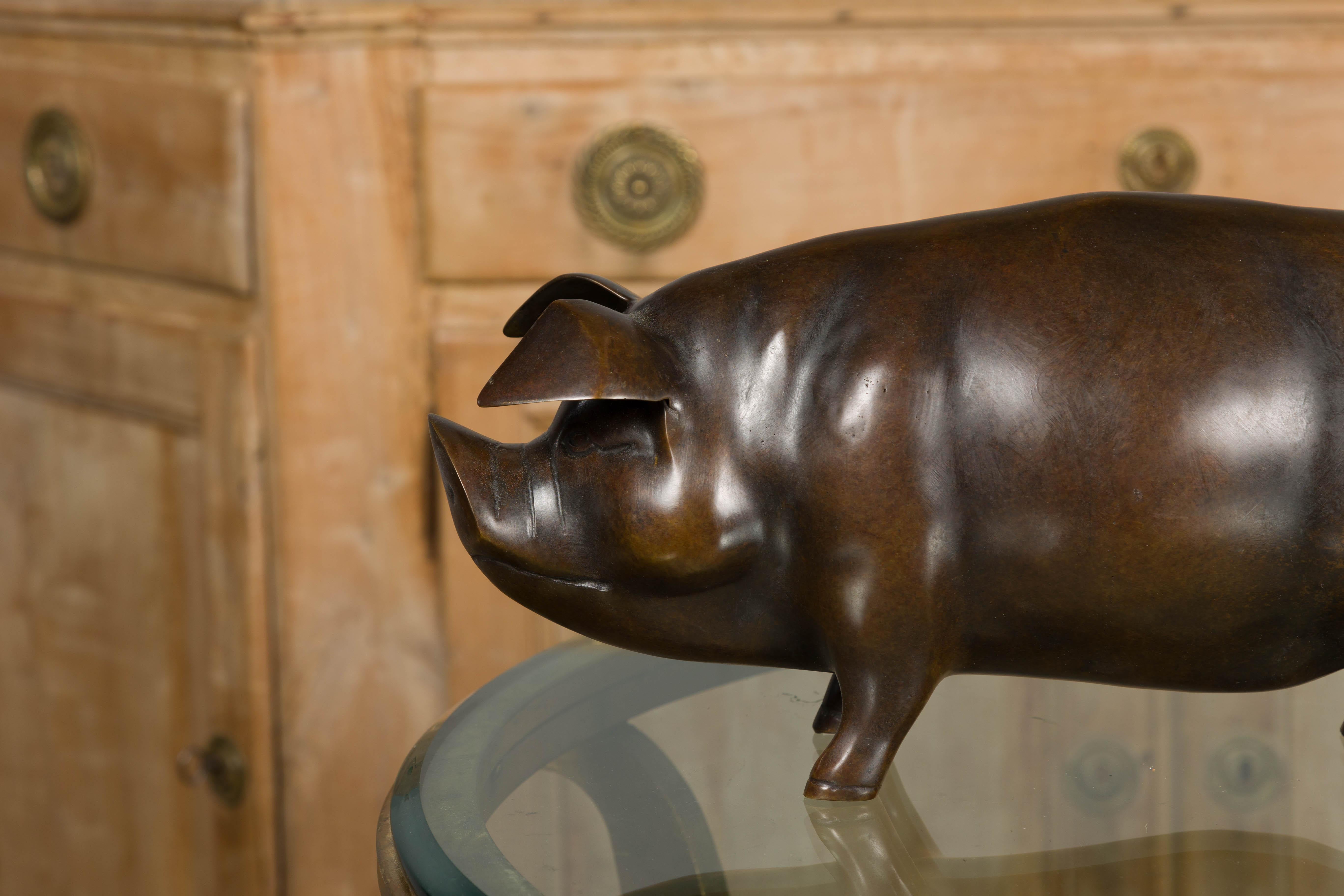 Pair of American Midcentury Bronze Pig Sculptures in Dark Patina For Sale 9