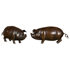 Pair of American Midcentury Bronze Pig Sculptures in Dark Patina