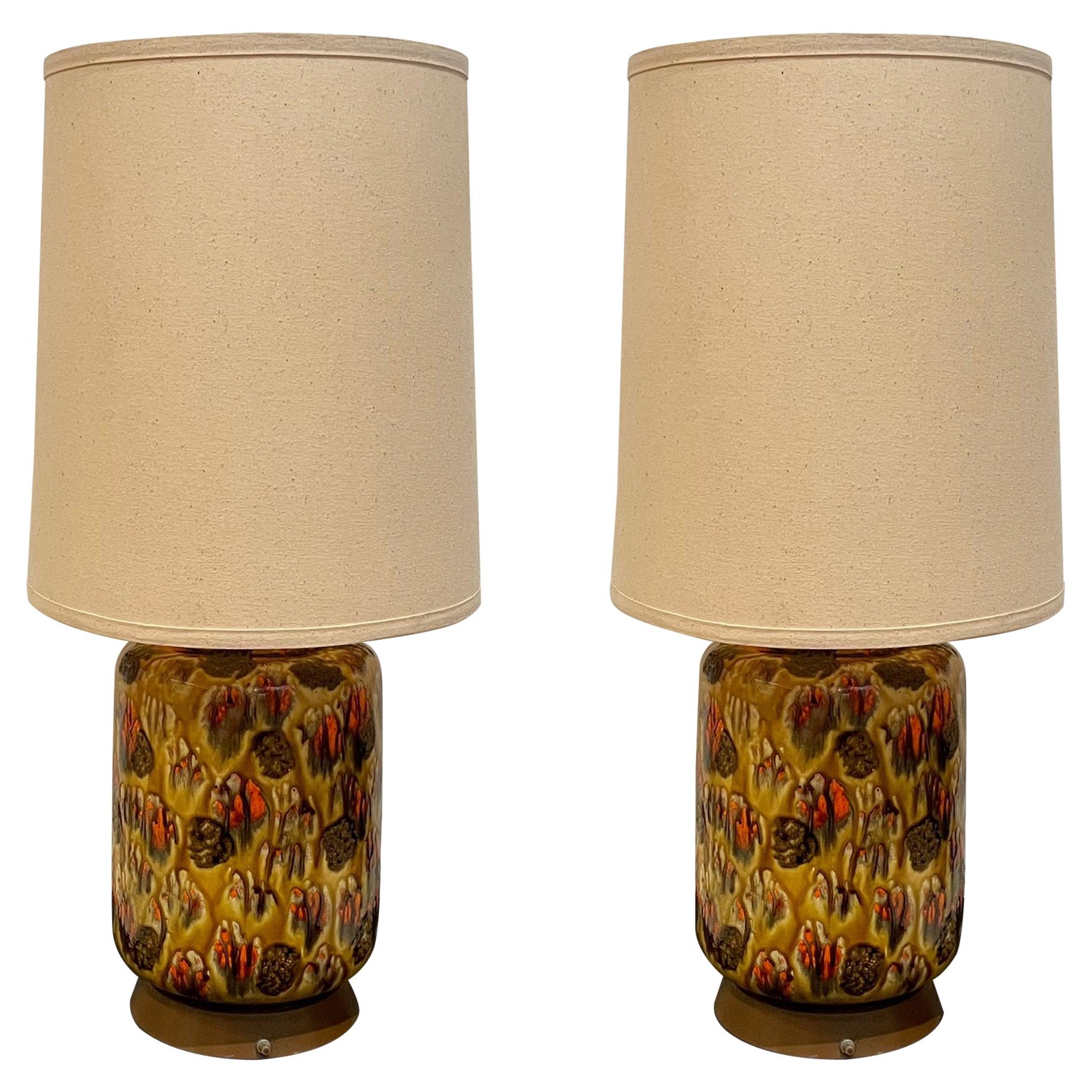 Pair of American Midcentury Drip Lava Glaze Ceramic Table Lamps