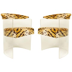 American Mid-Century Lucite and Tiger Print Upholstered Armchairs