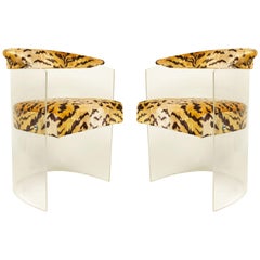 American Mid-Century Lucite and Tiger Print Upholstered Armchairs