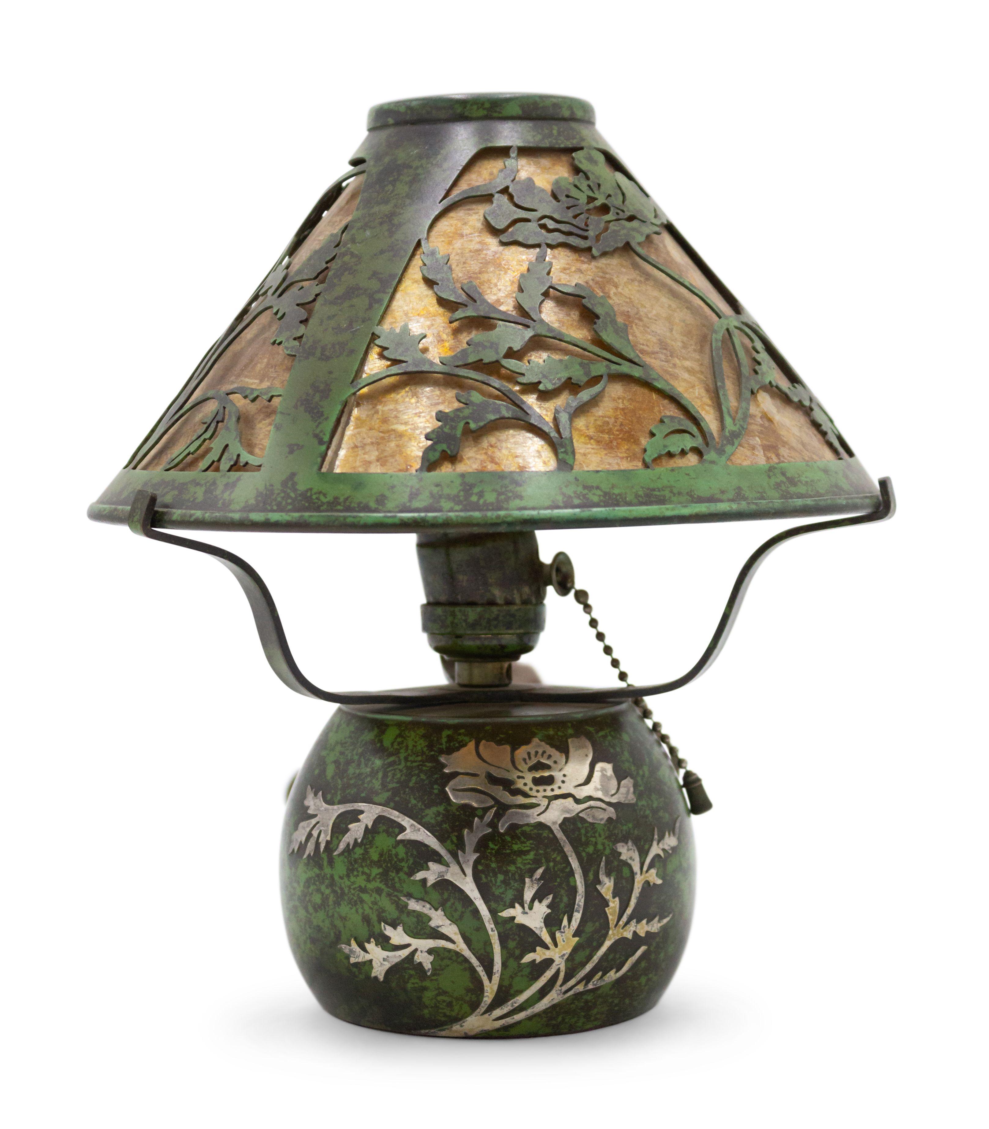 Pair of American Mission bronze green patina boudoir table lamps with floral silver deposit on base and filigree mica shade (Heintz Art Metal).