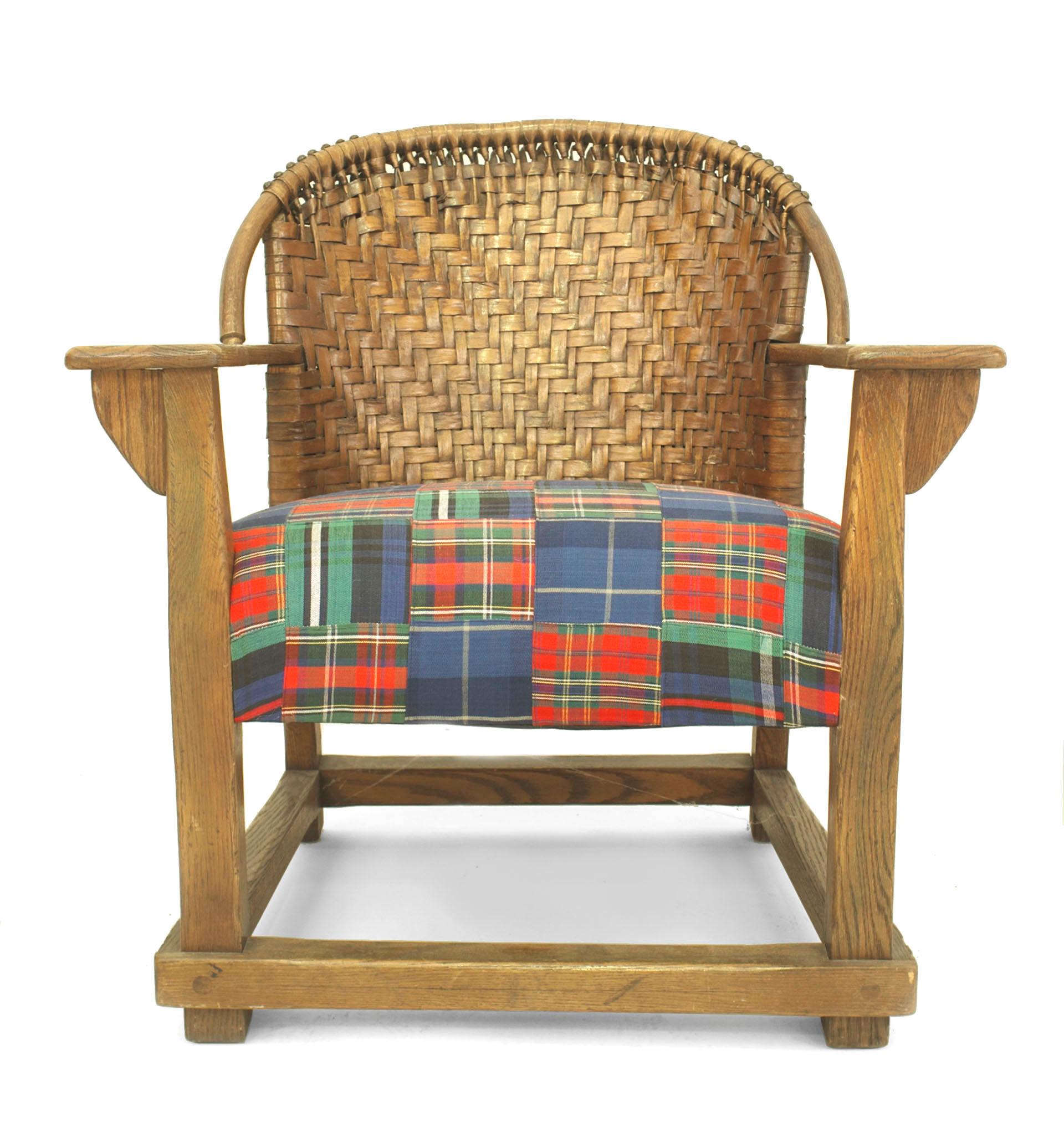 Pair of American Rustic Old Hickory Mission woven back tub Armchairs with flat panel arms & a floor base stretcher with plaid cushion (American Provincial label; OLD HICKORY brand) Sofa 060717, Lg. Arm 060718, Pair of HB arms 060720
