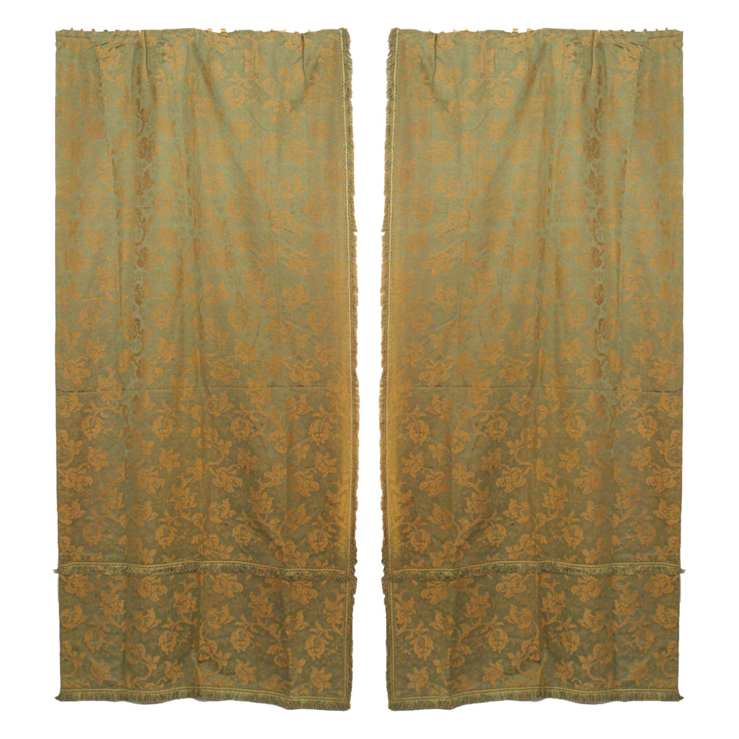 Paire de rideaux en soie à fleurs vertes et dorées de style Mission américain