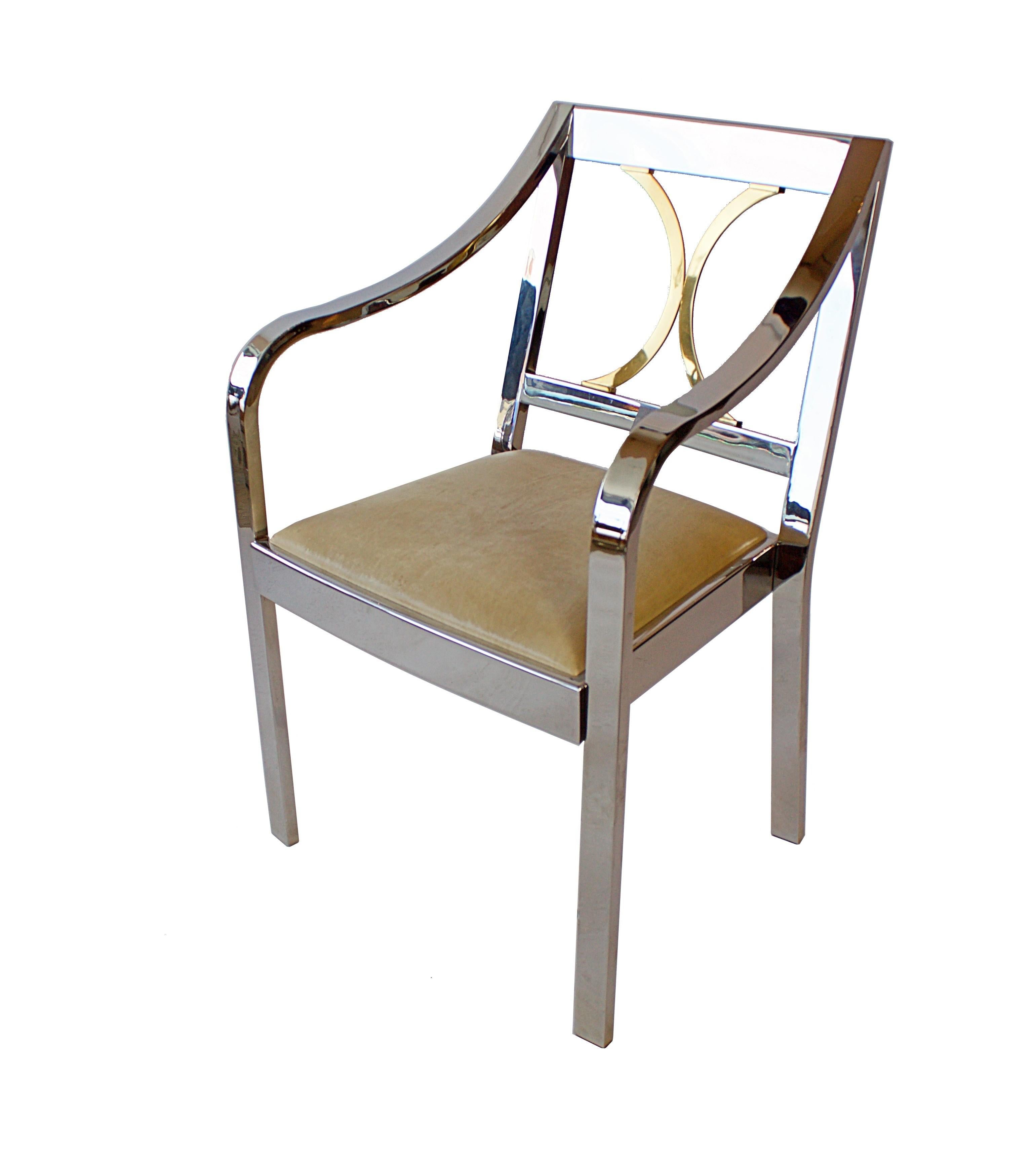 Pair of American modern armchairs in polished steel and brass.
 