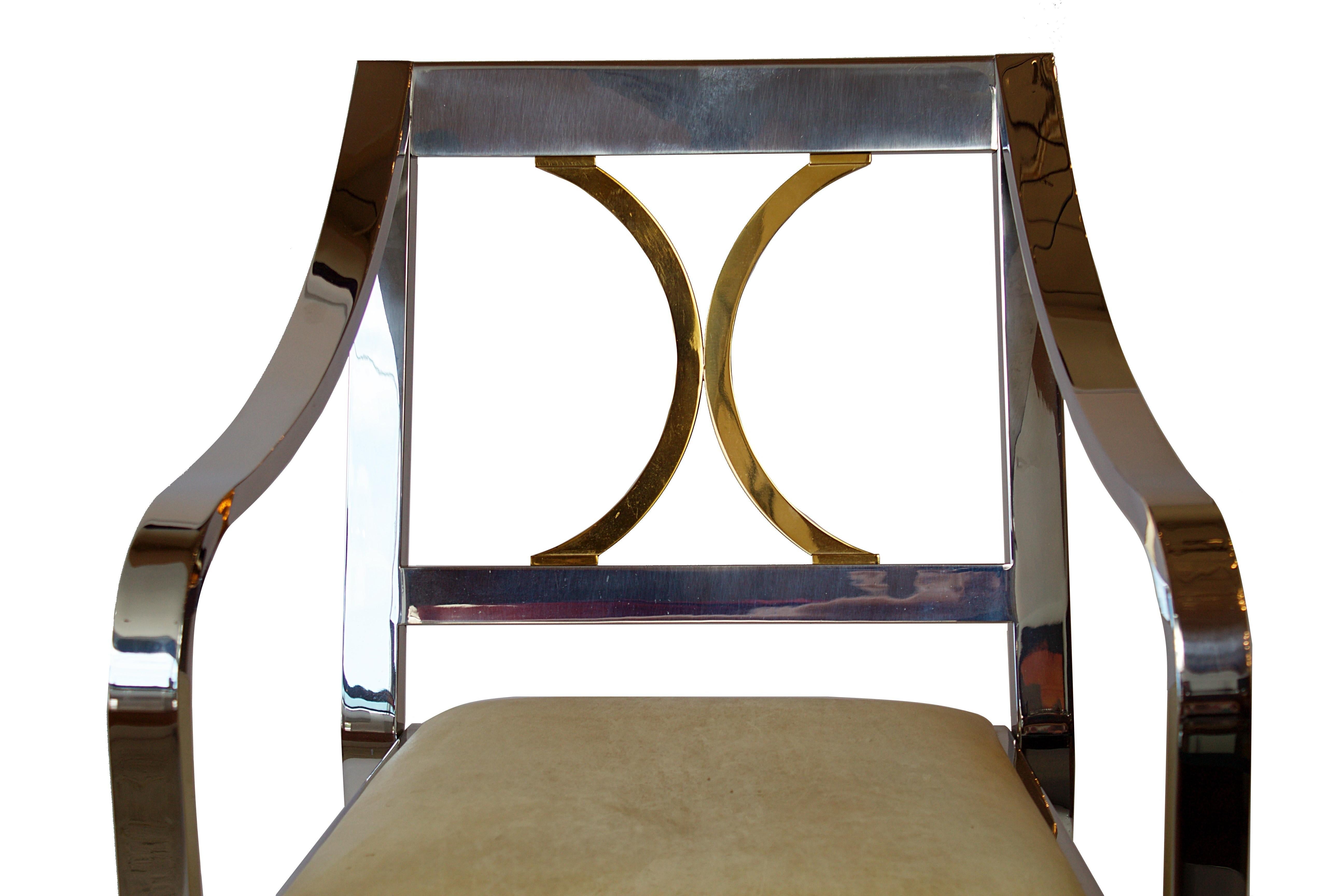 Mid-Century Modern Pair of American Modern Armchairs in Polished Steel and Brass, Karl Springer For Sale