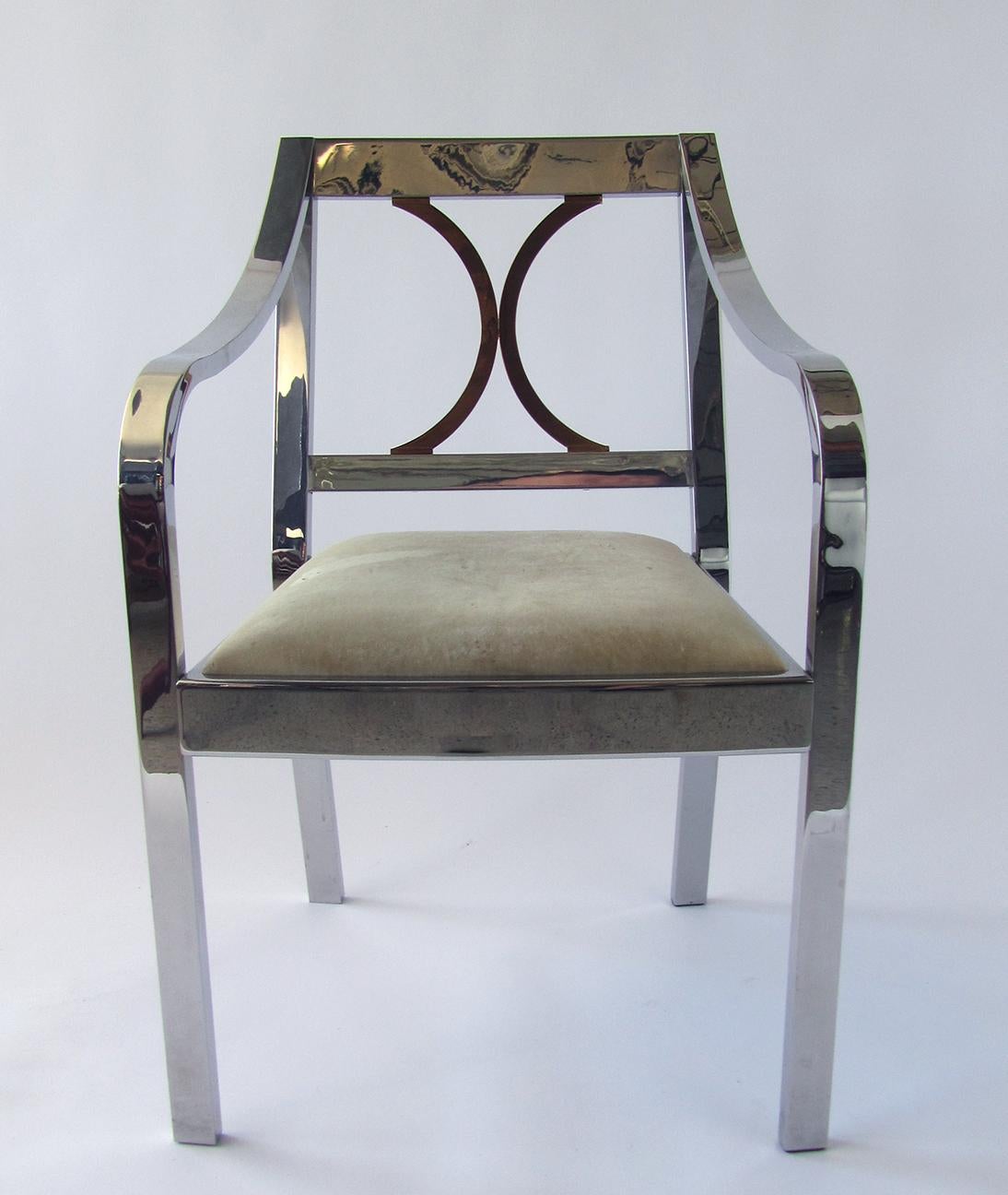 North American Pair of American Modern Armchairs in Polished Steel and Brass, Karl Springer For Sale