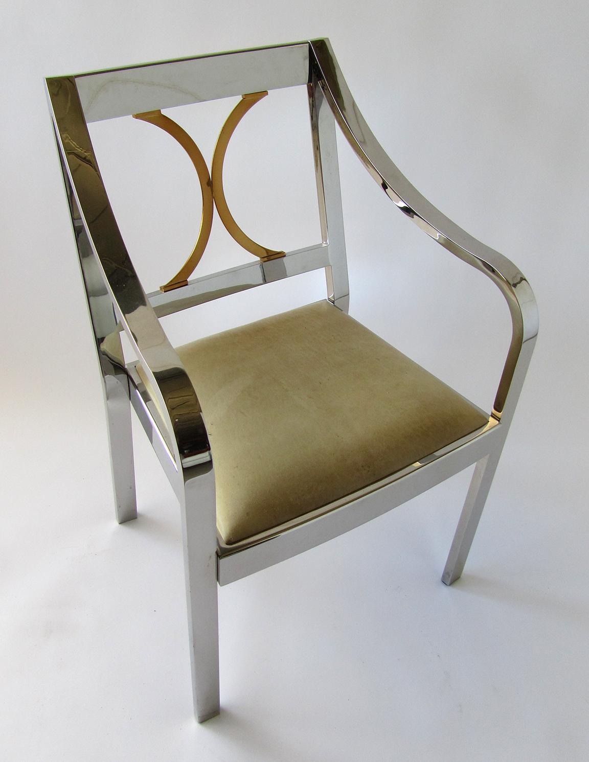 Late 20th Century Pair of American Modern Armchairs in Polished Steel and Brass, Karl Springer For Sale