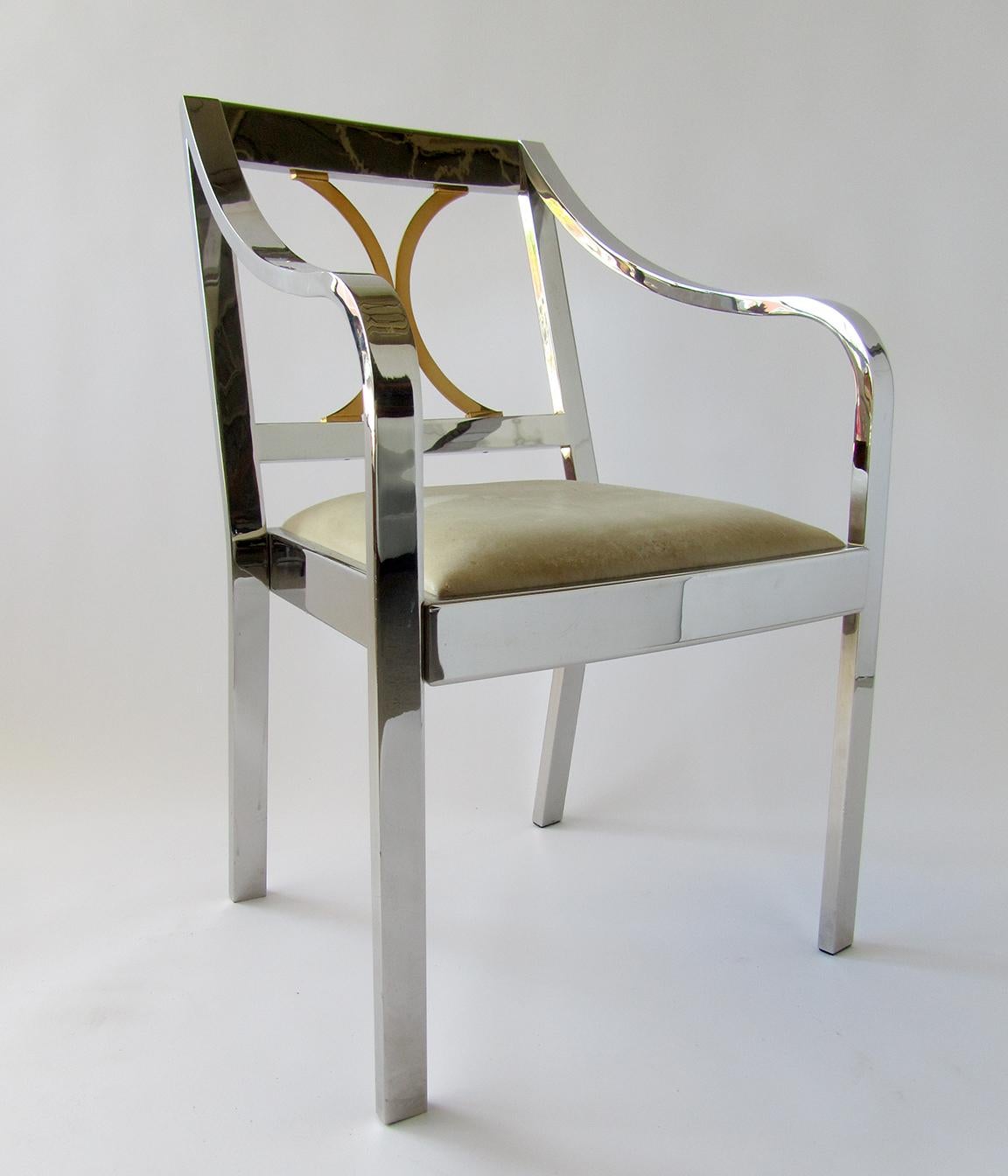 Pair of American Modern Armchairs in Polished Steel and Brass, Karl Springer For Sale 1