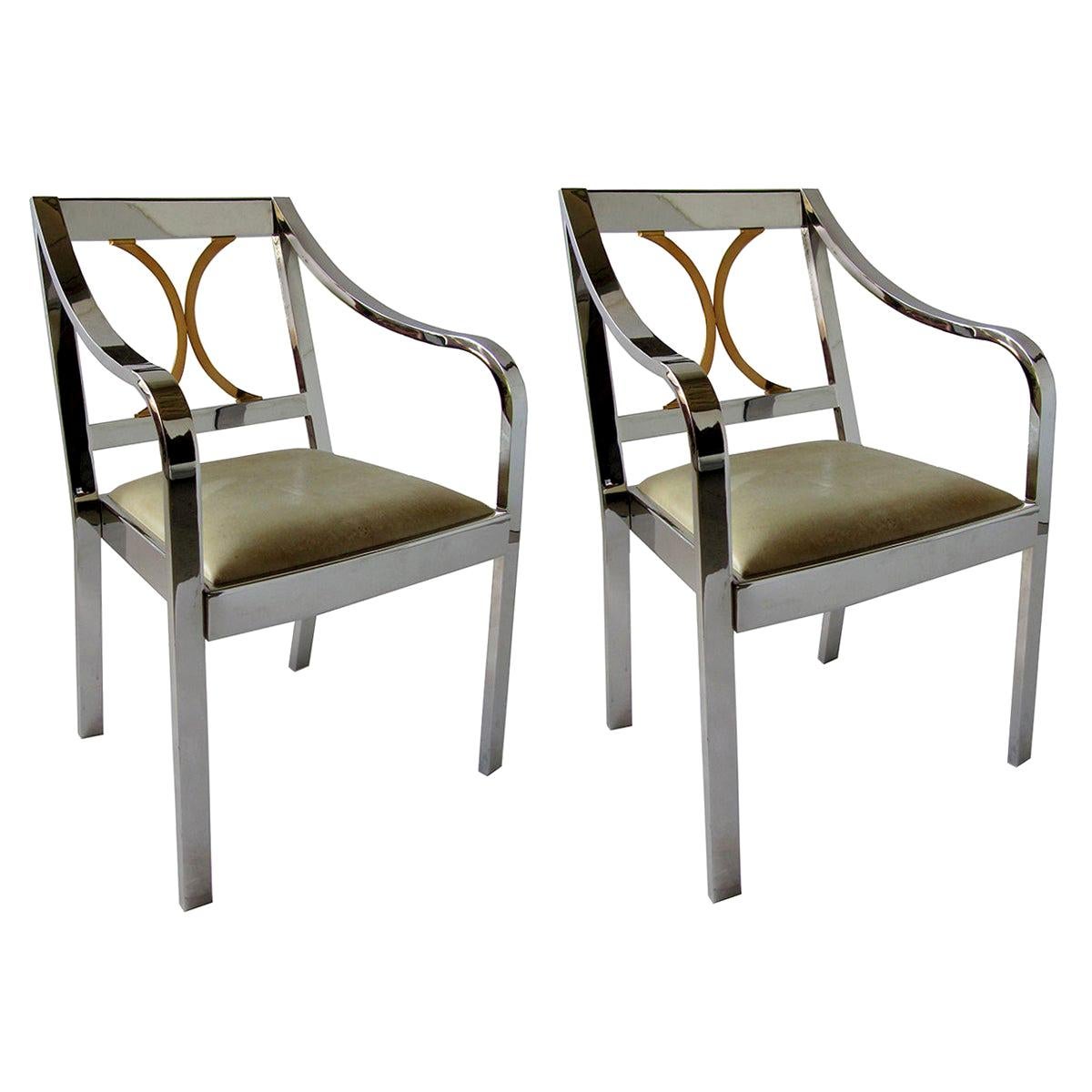 Pair of American Modern Armchairs in Polished Steel and Brass, Karl Springer For Sale