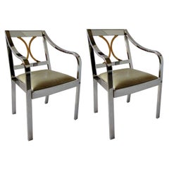 Pair of American Modern Armchairs in Polished Steel and Brass, Karl Springer