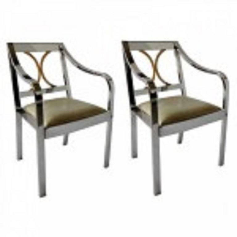 Mid-Century moderno Coppia di poltrone moderne americane in acciaio e ottone lucido, Karl Springer in vendita