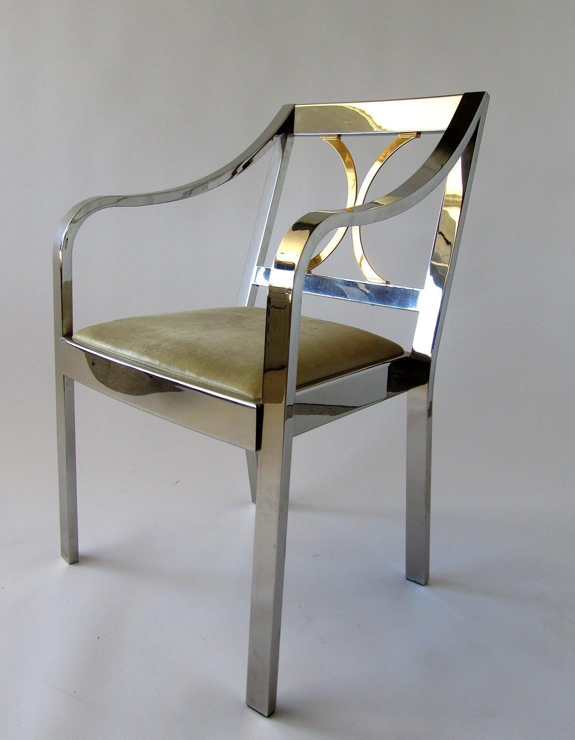 Pair of American Modern Armchairs in Polished Steel and Brass, Karl Springer In Good Condition For Sale In Hollywood, FL