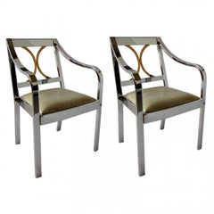 Pair of American Modern Armchairs in Polished Steel and Brass, Karl Springer