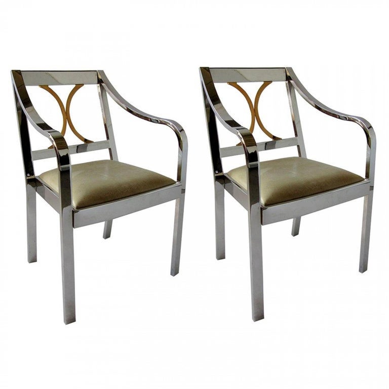 Pair of Karl Springer Armchairs in Polished Steel & Brass Pair of Karl Springer Armchairs in Polished Steel & Brass