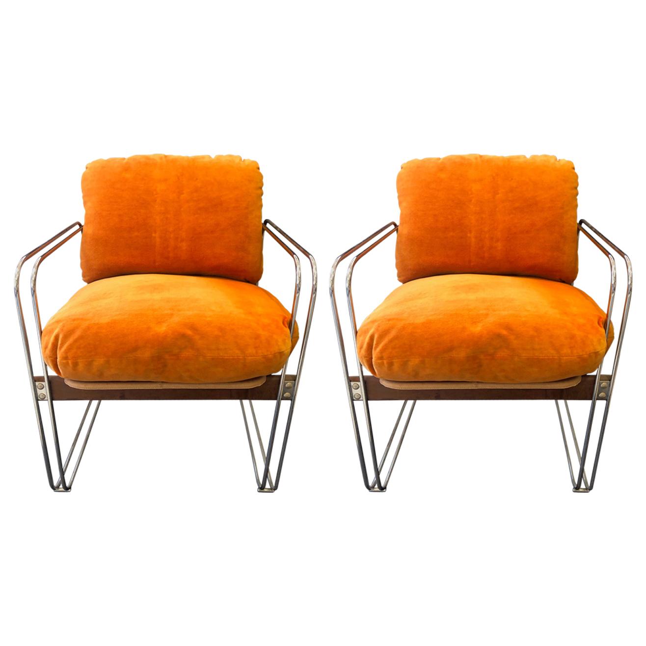 Pair of American Modern "Ascona" Chrome/Walnut Chairs, Heinz Meier for Landes For Sale