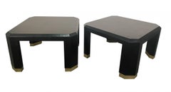 Pair of American Modern Black Lacquer Linen Brass Occasional/Low Tables Ron Seff
