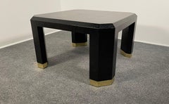 Pair of American Modern Black Lacquer Linen Brass Occasional/Low Tables, Ron Seff