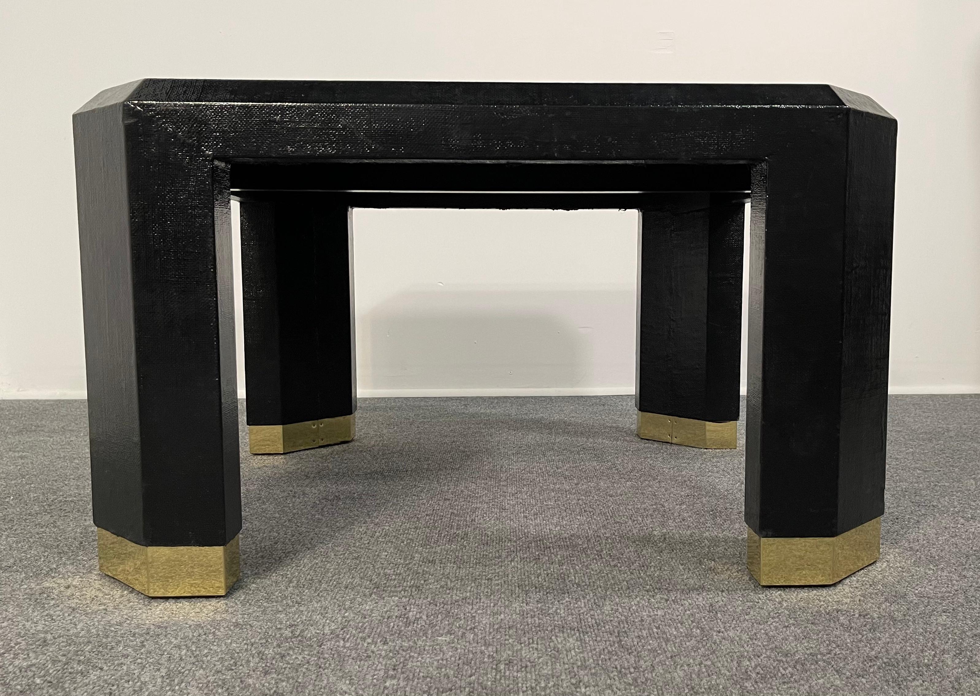 Pair of American Modern Black Lacquer Linen Brass Occasional/Low Tables, Ron Seff In Good Condition For Sale In Hollywood, FL