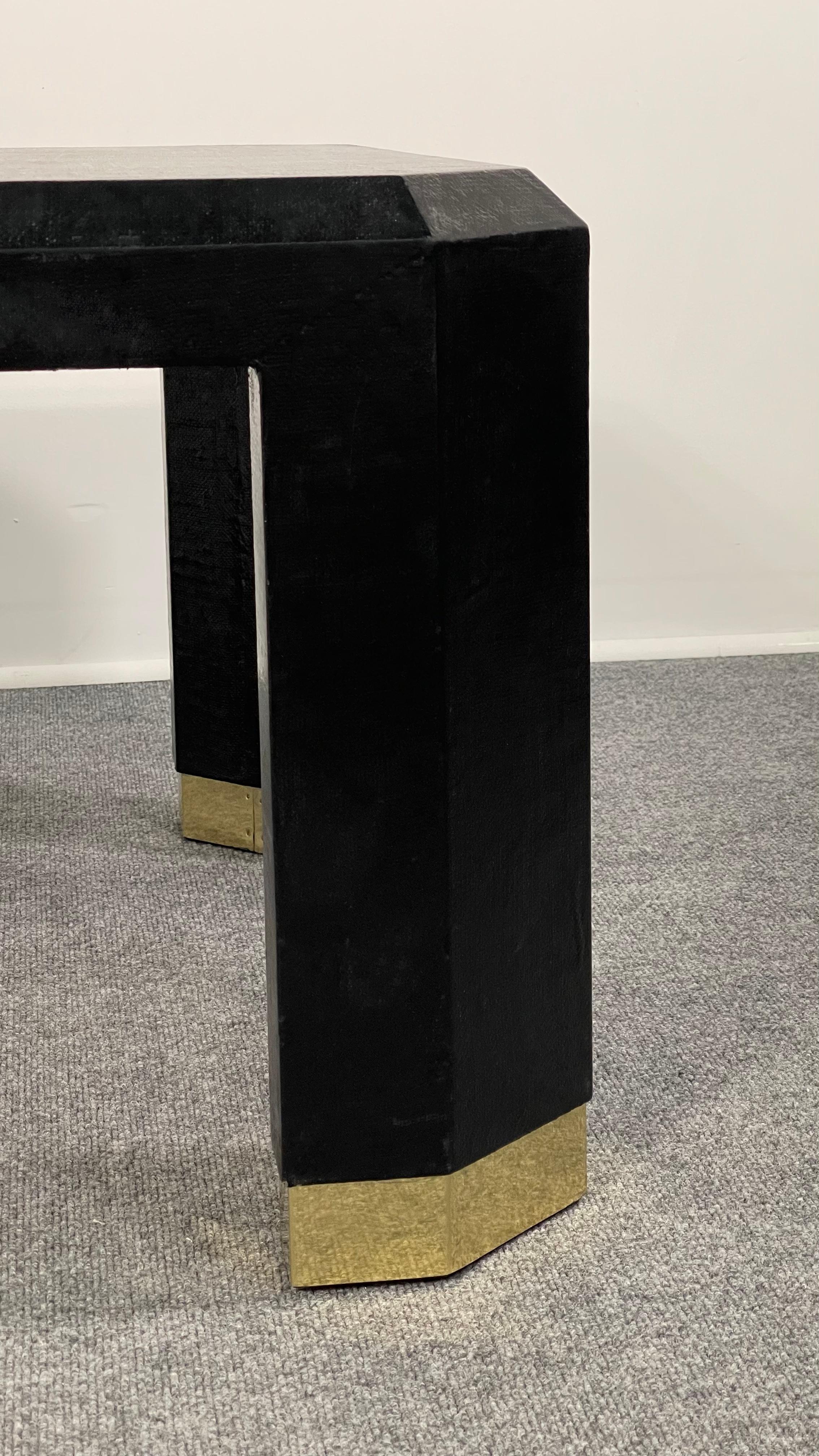 Late 20th Century Pair of American Modern Black Lacquer Linen Brass Occasional/Low Tables, Ron Seff For Sale