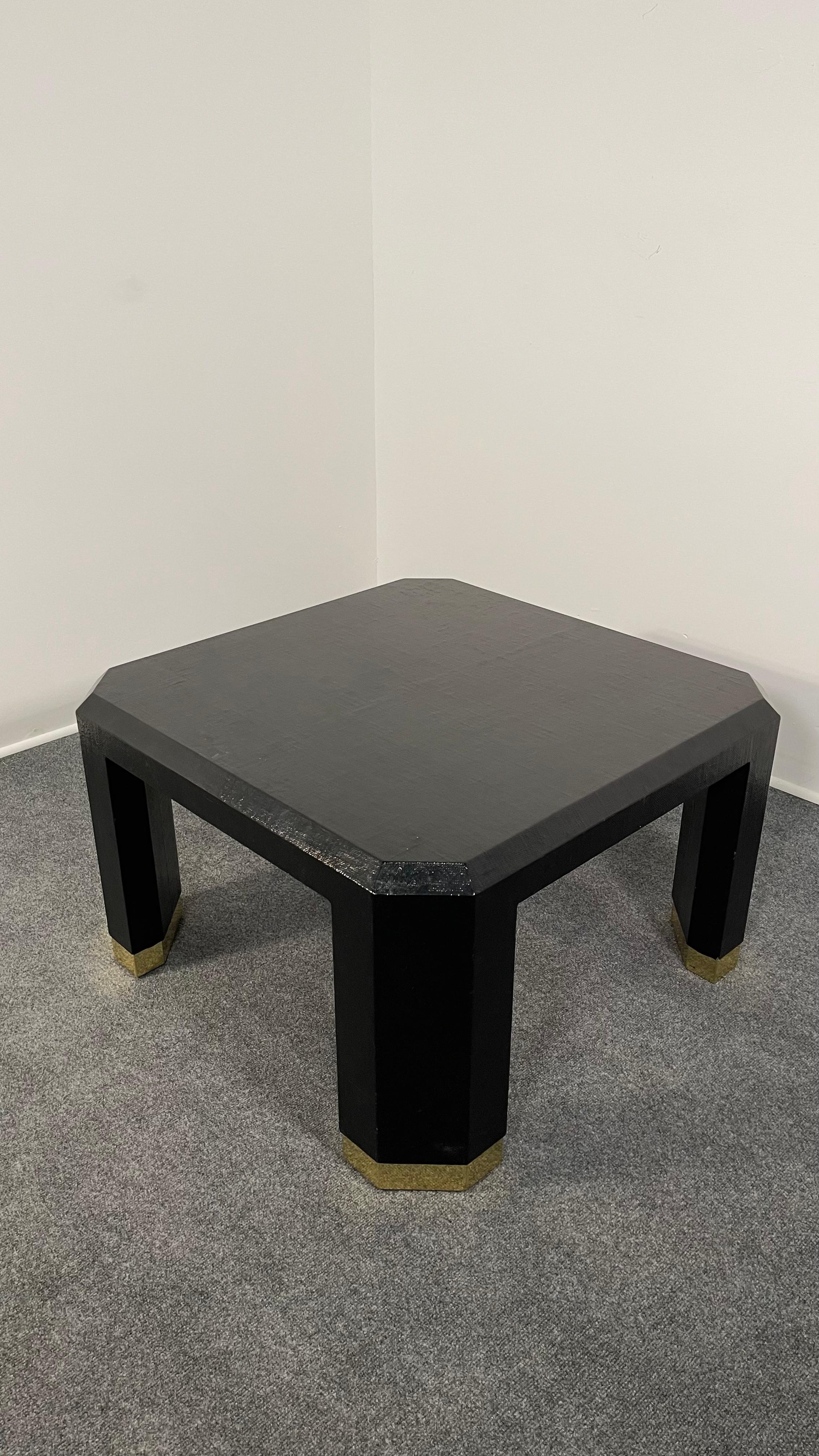 Pair of American Modern Black Lacquer Linen Brass Occasional/Low Tables, Ron Seff For Sale 2