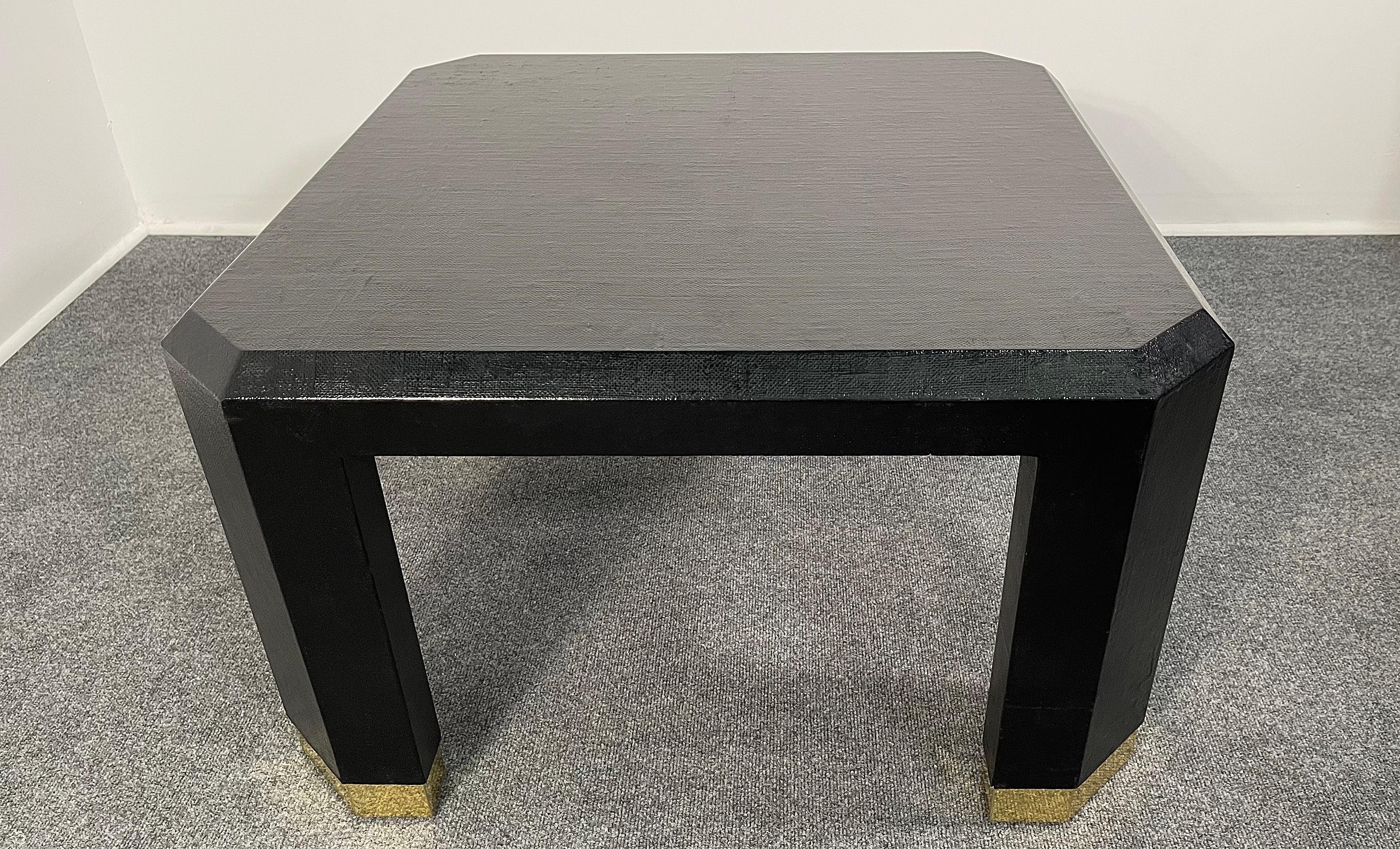 Pair of American Modern Black Lacquer Linen Brass Occasional/Low Tables, Ron Seff For Sale 3