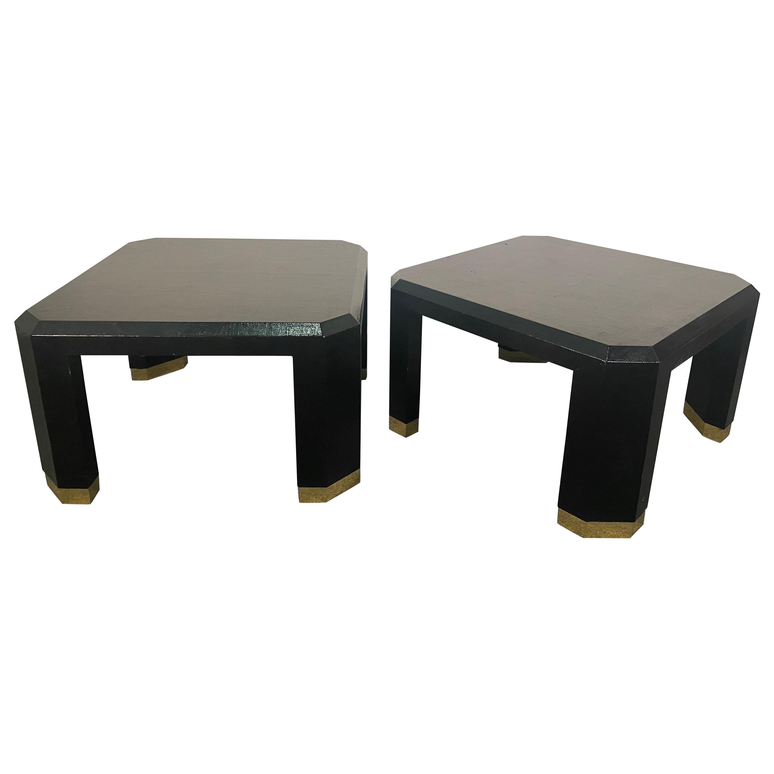Pair of American Modern Black Lacquer Linen Brass Occasional/Low Tables, Ron Seff For Sale