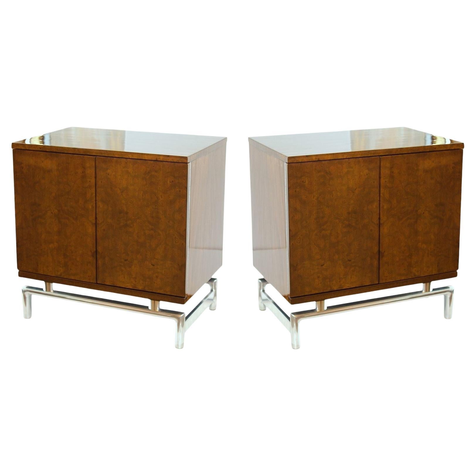 Pair of American Modern Burled-front Bedside Tables For Sale
