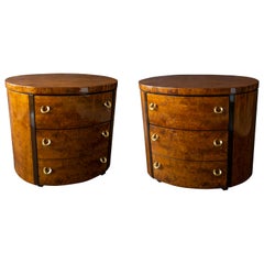 Pair of American Modern Burled Walnut and Brass Oval Bedside/ Side Tables