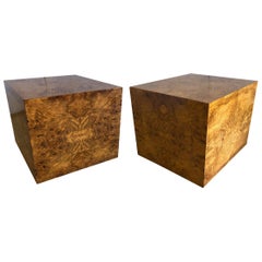 Pair of American Modern Burled Wood Cube Pedestals/ End Tables, Milo Baughman