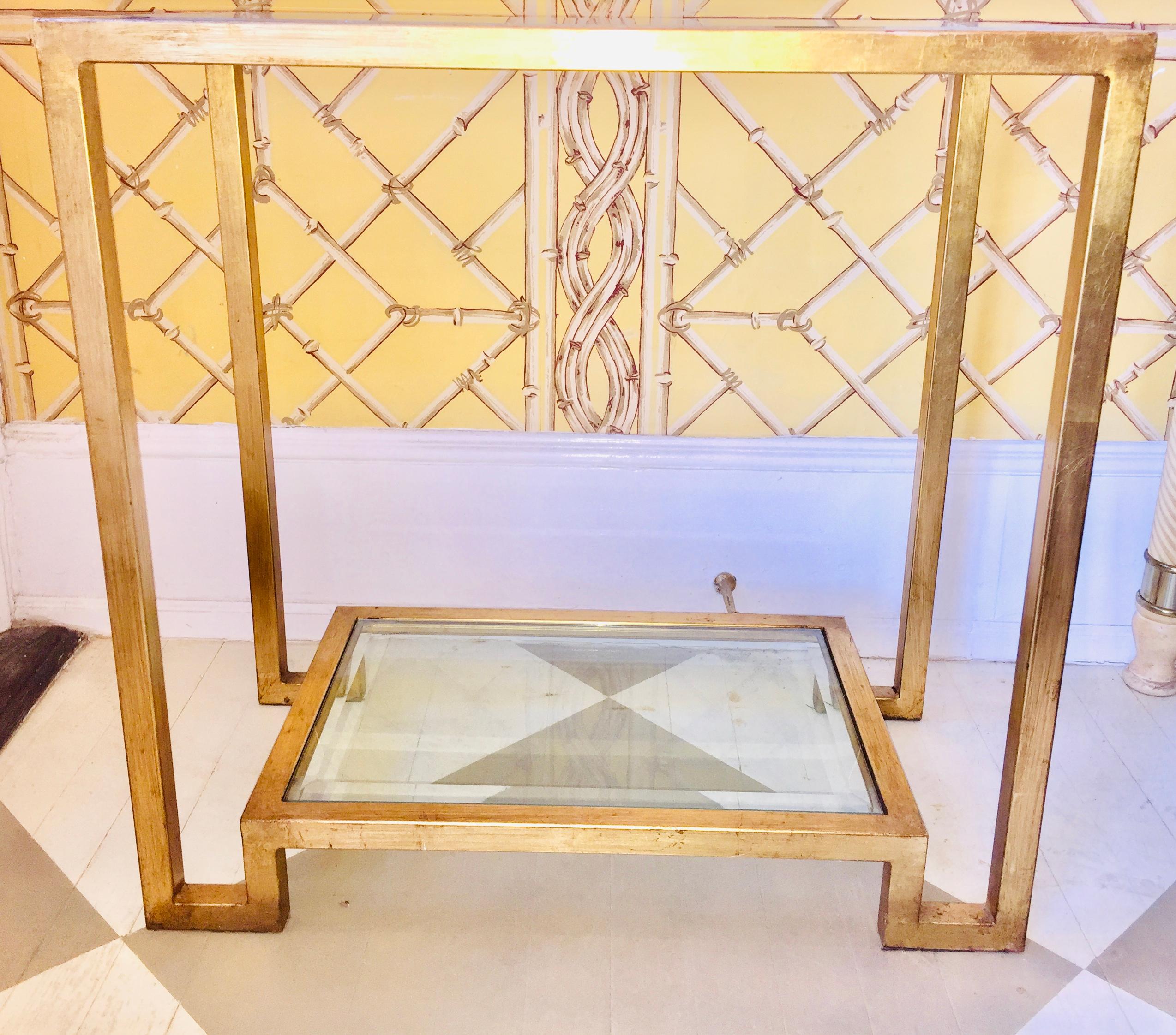 Pair of American Modern Gilt Metal Beveled Glass Two Tier End Tables