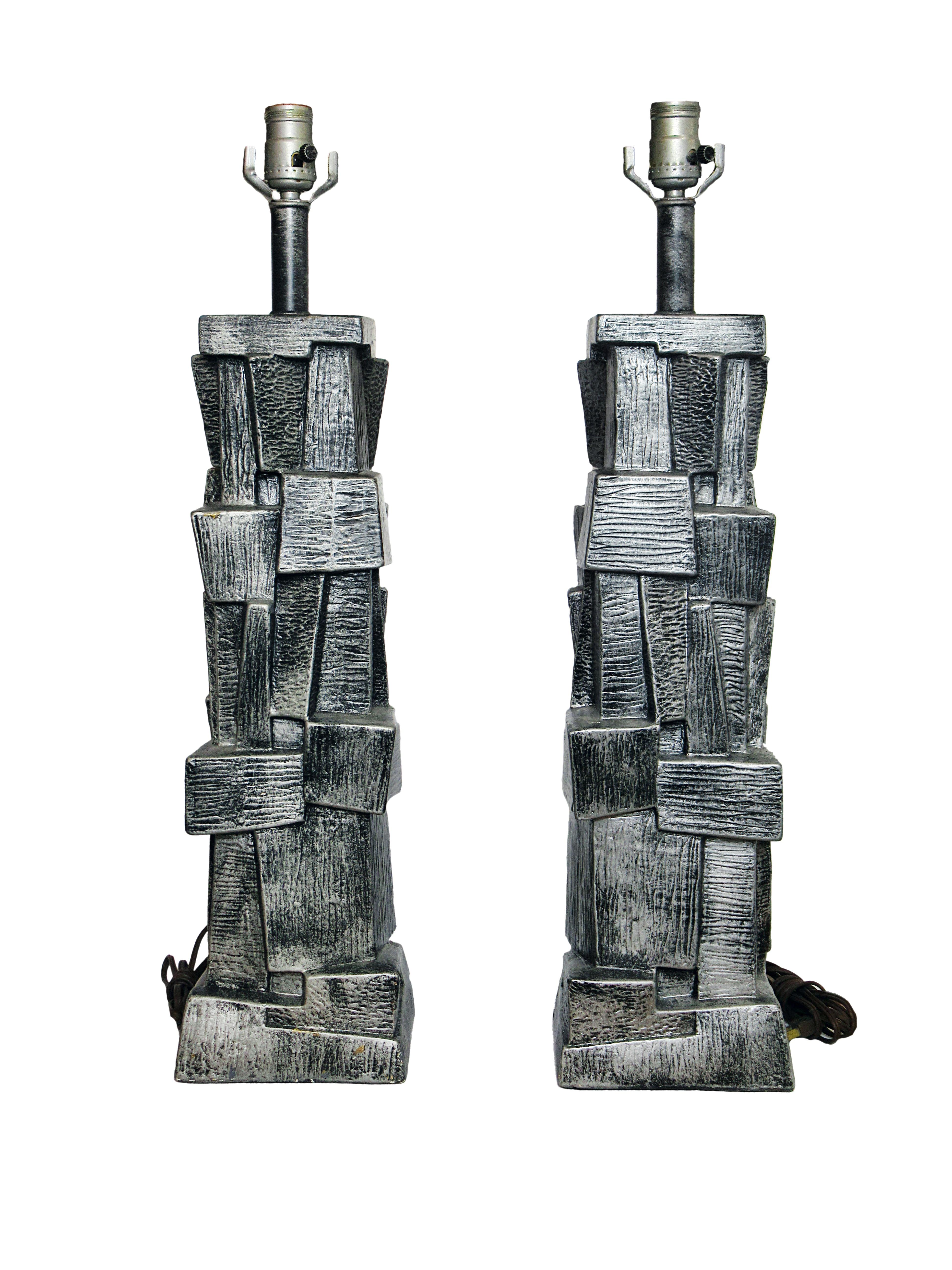 Pair of Brutalist table lamps, silver glazed ceramic.