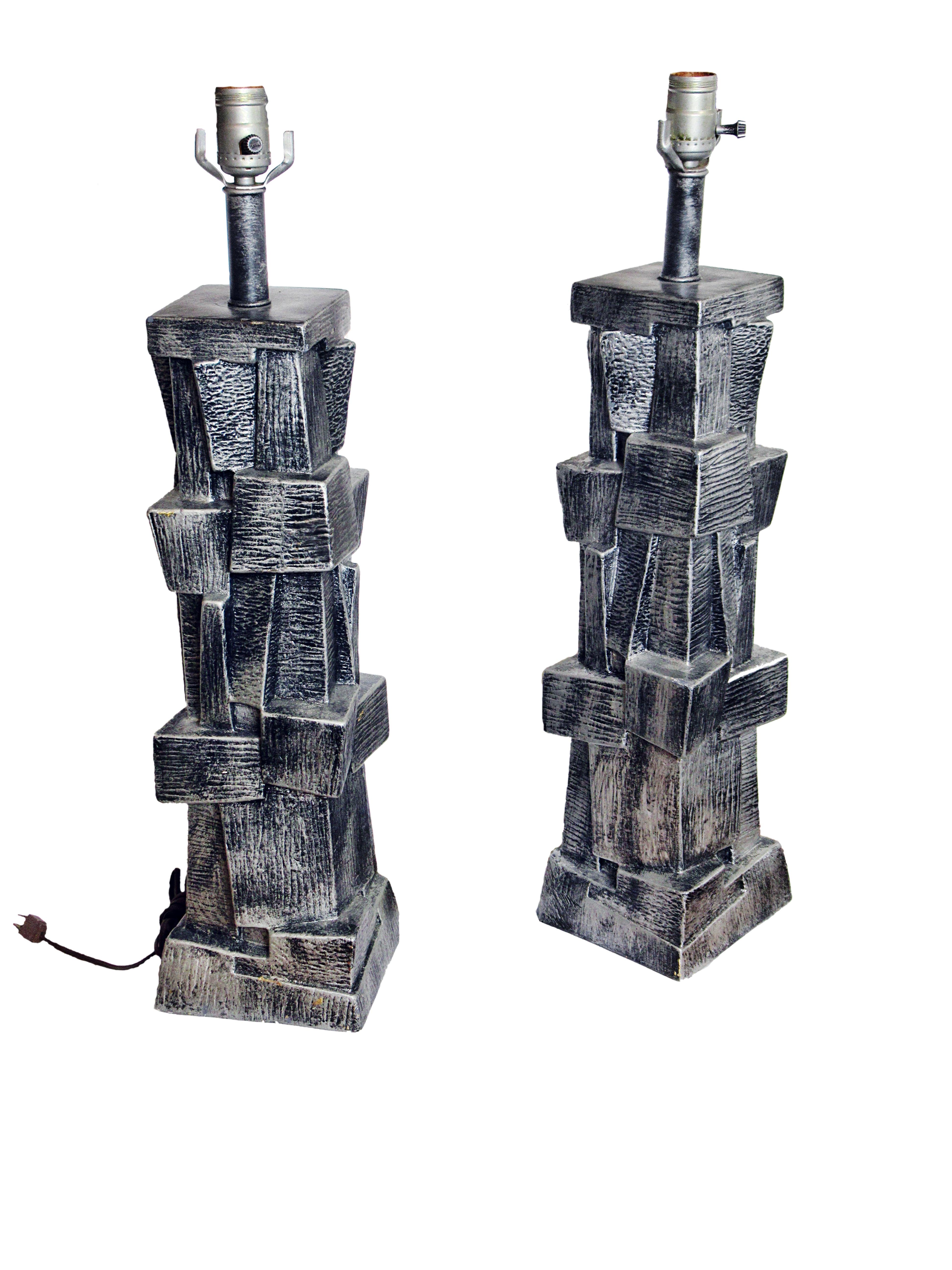 Mid-Century Modern Pair of American Modern Glazed Ceramic Brutalist Table Lamps For Sale