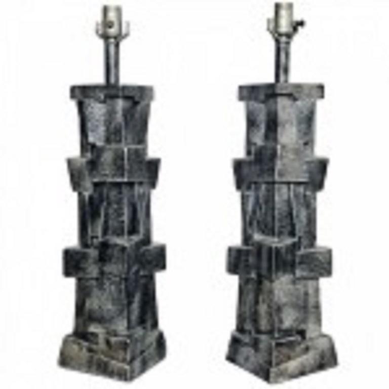 Pareja de Lámparas de Mesa Brutalistas de Cerámica Esmaltada Modernas Americanas Estadounidense en venta