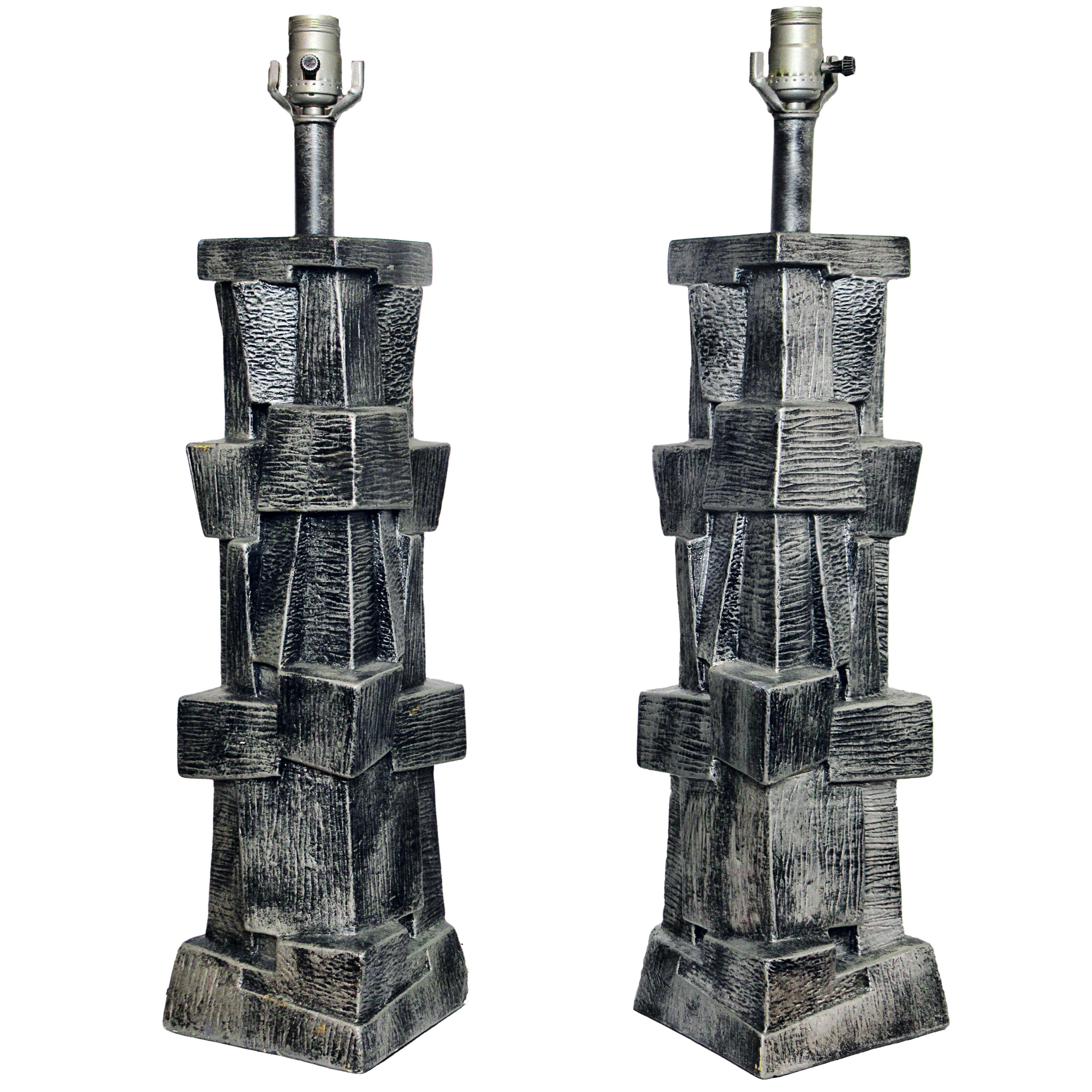 Pair of American Modern Glazed Ceramic Brutalist Table Lamps For Sale
