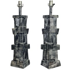 Pair of American Modern Glazed Ceramic Brutalist Table Lamps