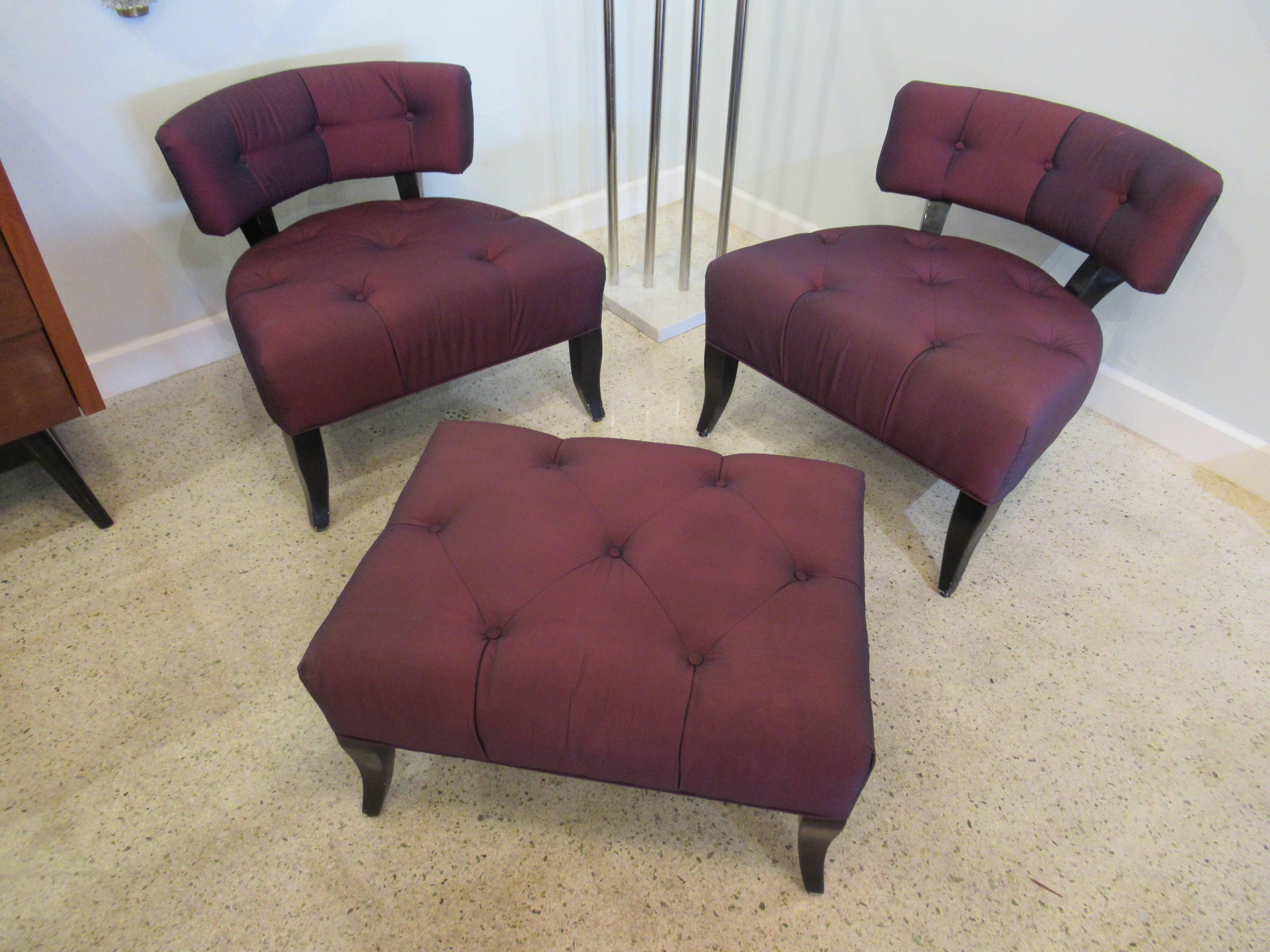 Pair of Mid-Century Modern Klismos Slipper chairs and ottoman by Billy Haines, the frames in black lacquer.