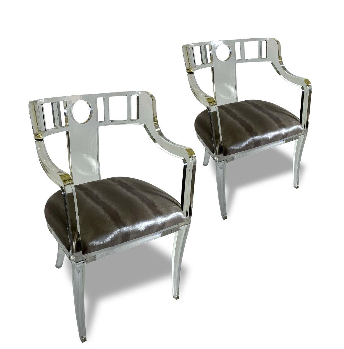 These chairs are unique. They were custom made from the side chairs that Bradfield designed, and the armchairs were made at the clients request as head chairs for a long set. They are quite stunningand quite comfortable. Quality is out of this world.