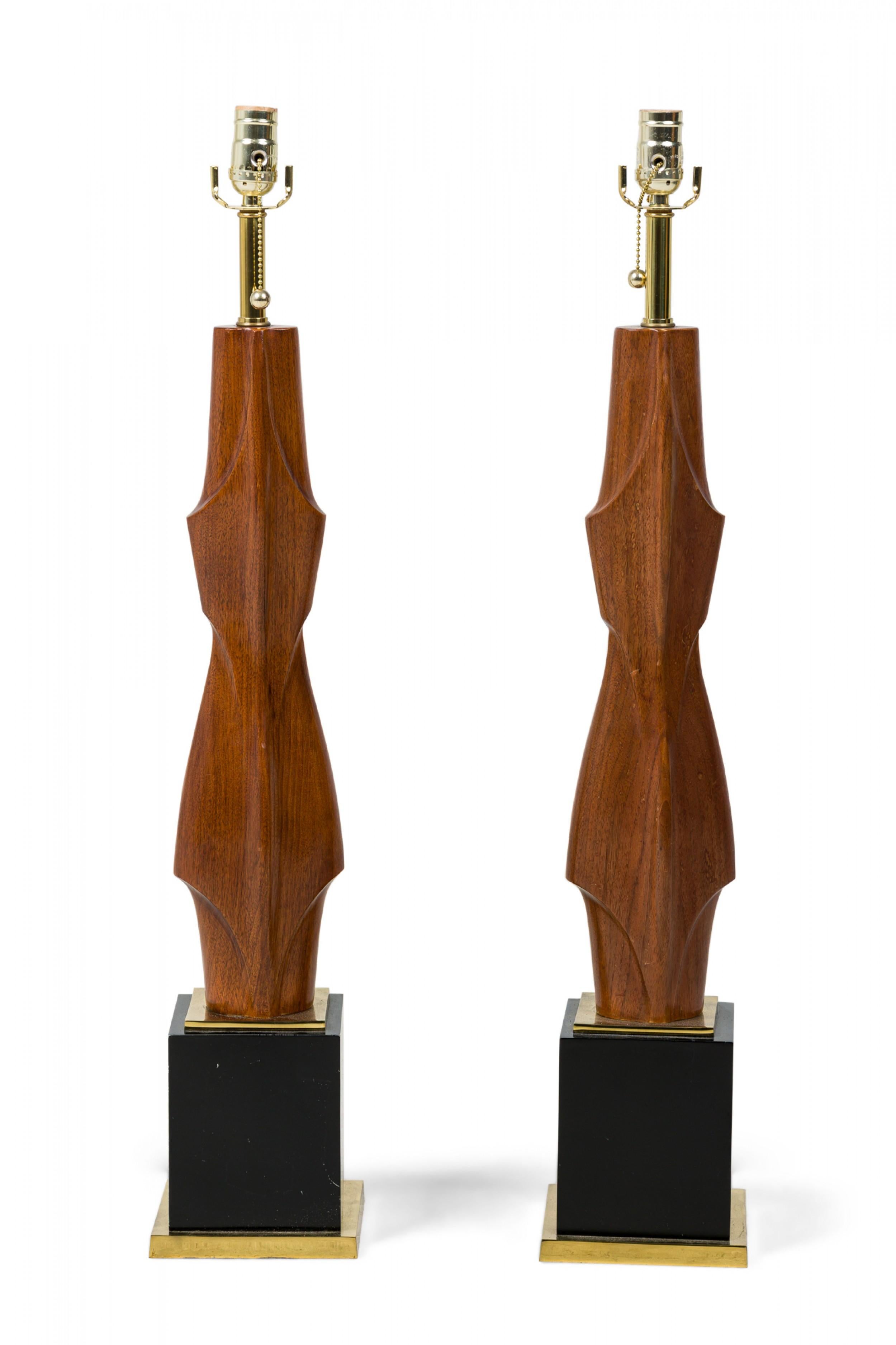 Mid-Century Modern Pair of American Modern Mahogany and Brass Table Lamps, Laurel Lamp Company For Sale