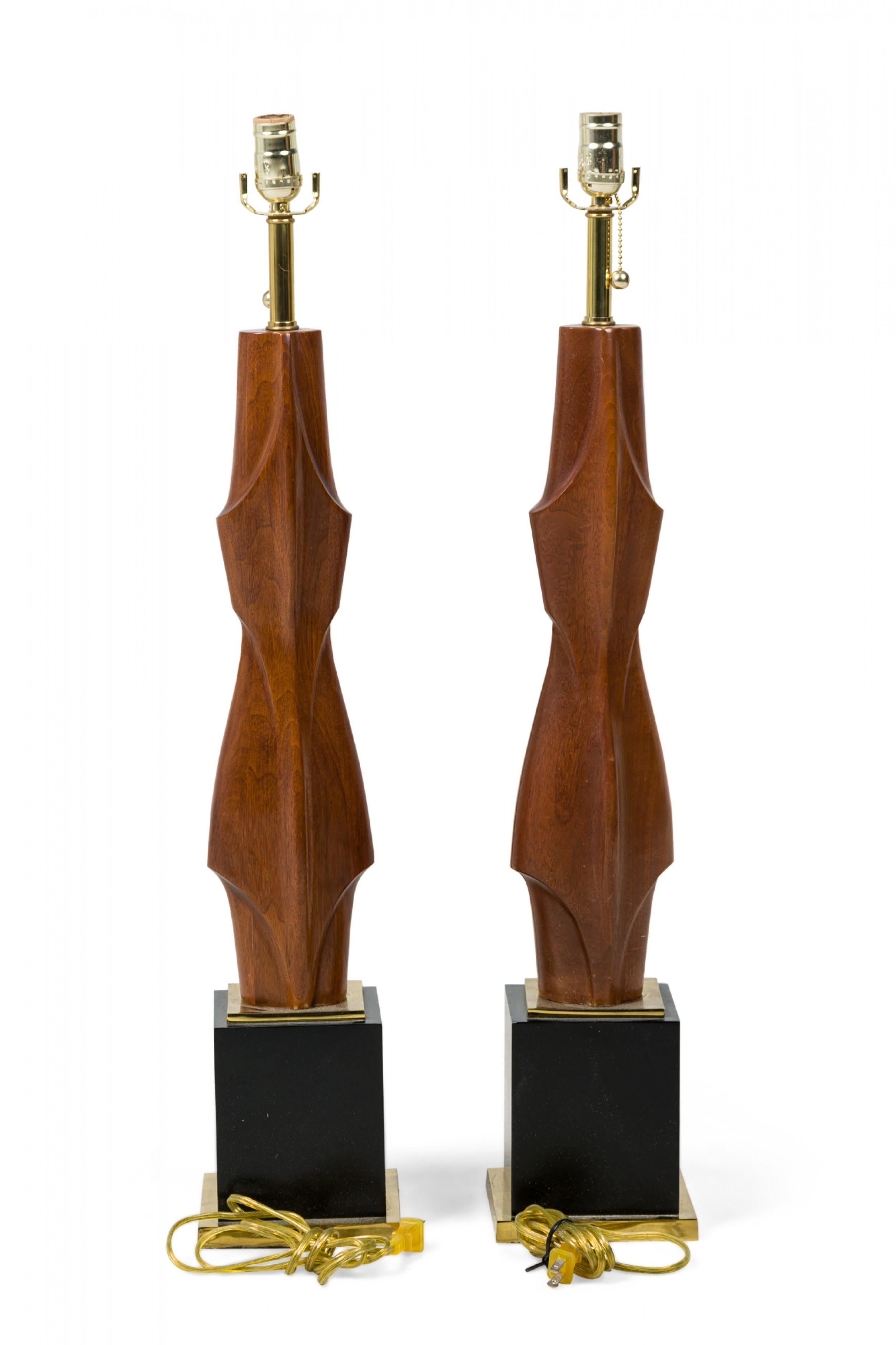 20th Century Pair of American Modern Mahogany and Brass Table Lamps, Laurel Lamp Company For Sale