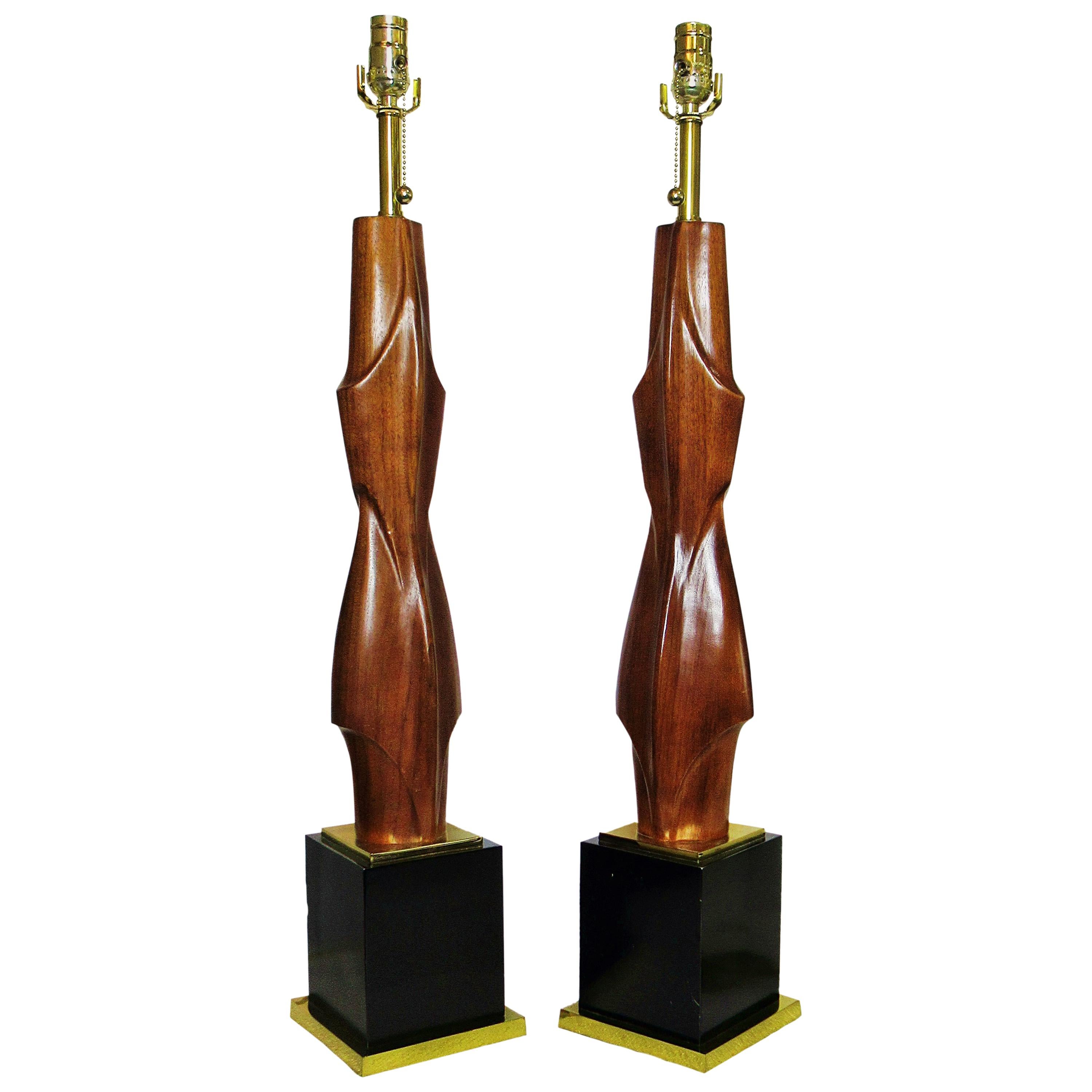 Pair of American Modern Mahogany and Brass Table Lamps, Laurel Lamp Company