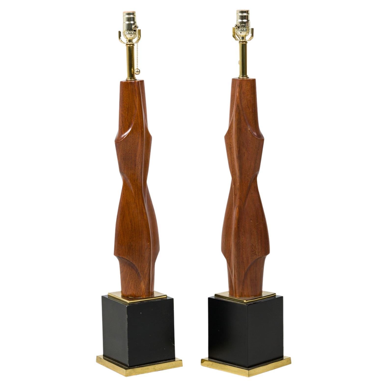 Pair of American Modern Mahogany and Brass Table Lamps, Laurel Lamp Company