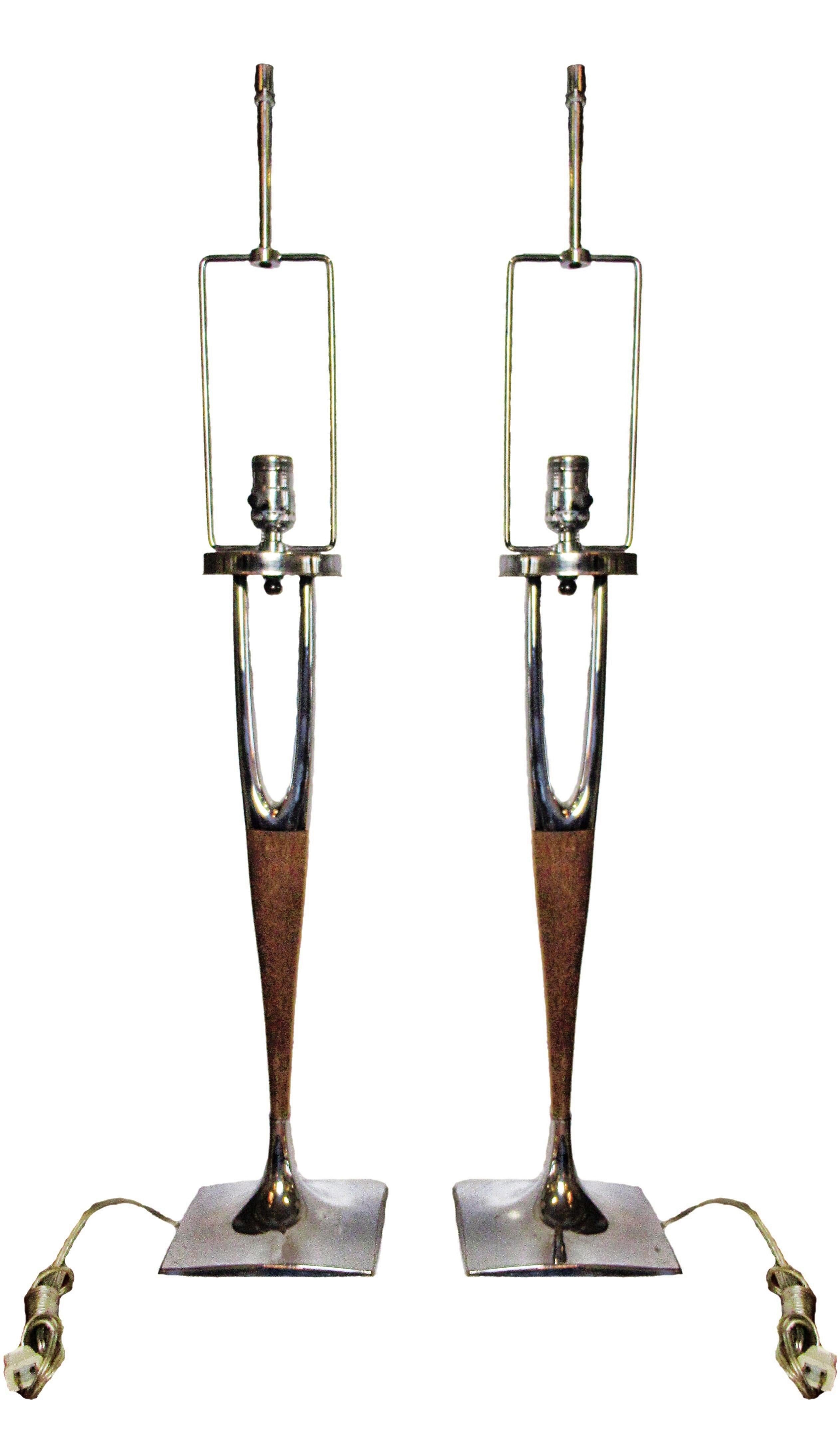 Pair of Modern Table Lamps, Mahogany and Polished Nickel, rewired and fully restored