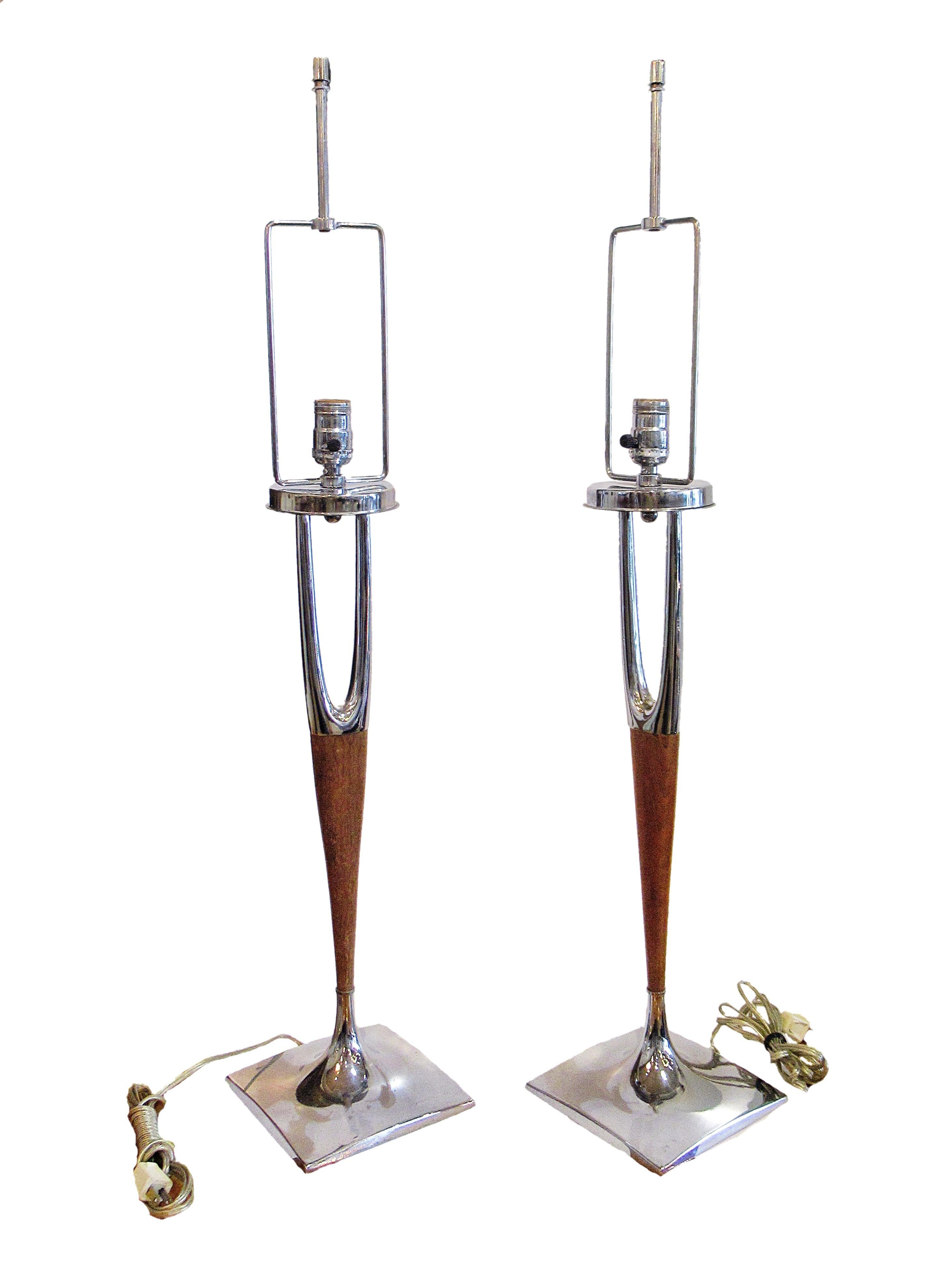 Mid-Century Modern Pair of American Modern Mahogany and Polished Nickel Table Lamps, Laurel Lamp Co
